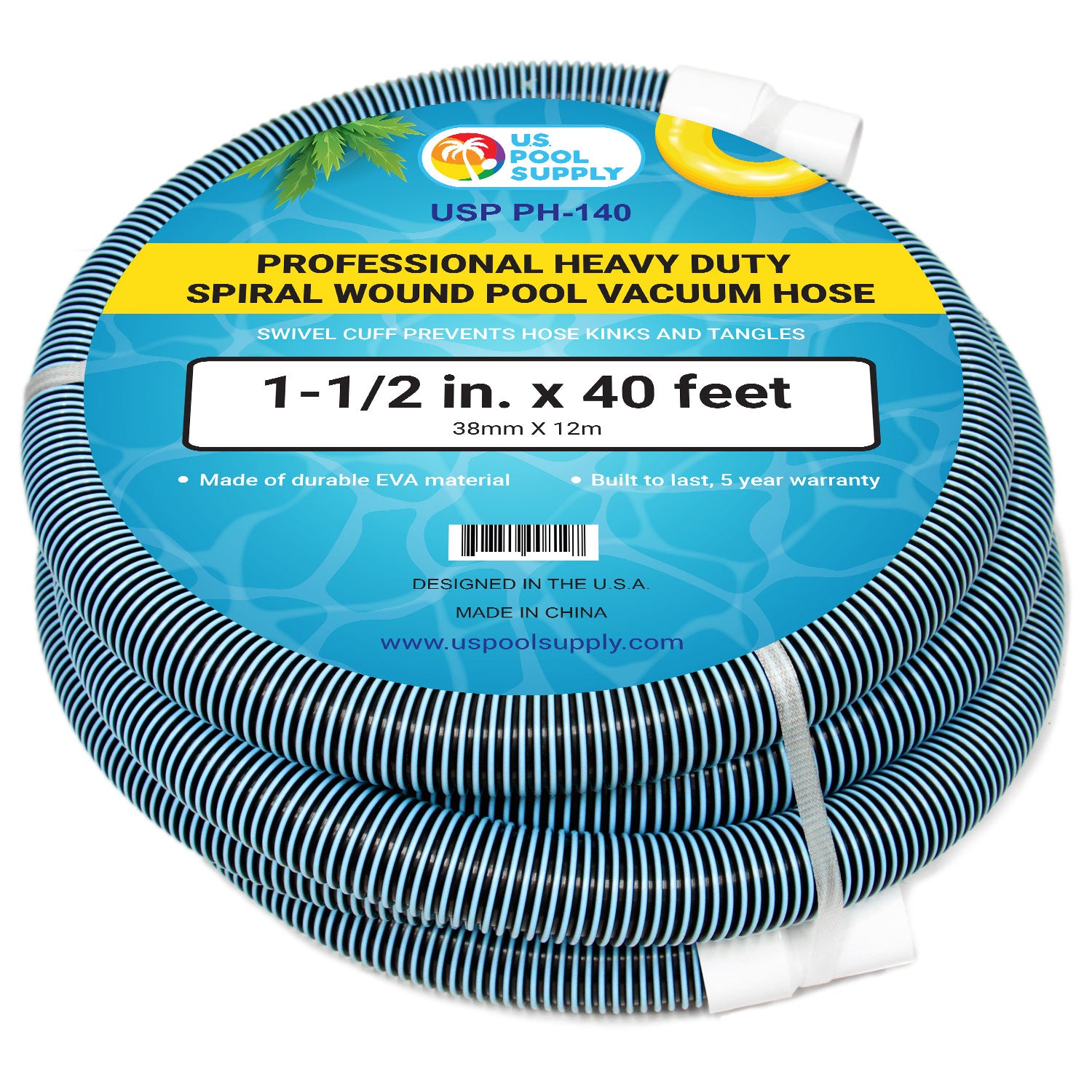 U.S. Pool Supply® 1 1/2 x 40 Foot Heavy Duty Spiral Wound Swimming Pool Vacuum Hose with Kink-Free Swivel Cuff - Flexible Pool Cleaning Hose for Inground & Above Ground Pools - Connects to All Vacuum Heads - Perfect for Daily Pool Maintenance and Debris Removal