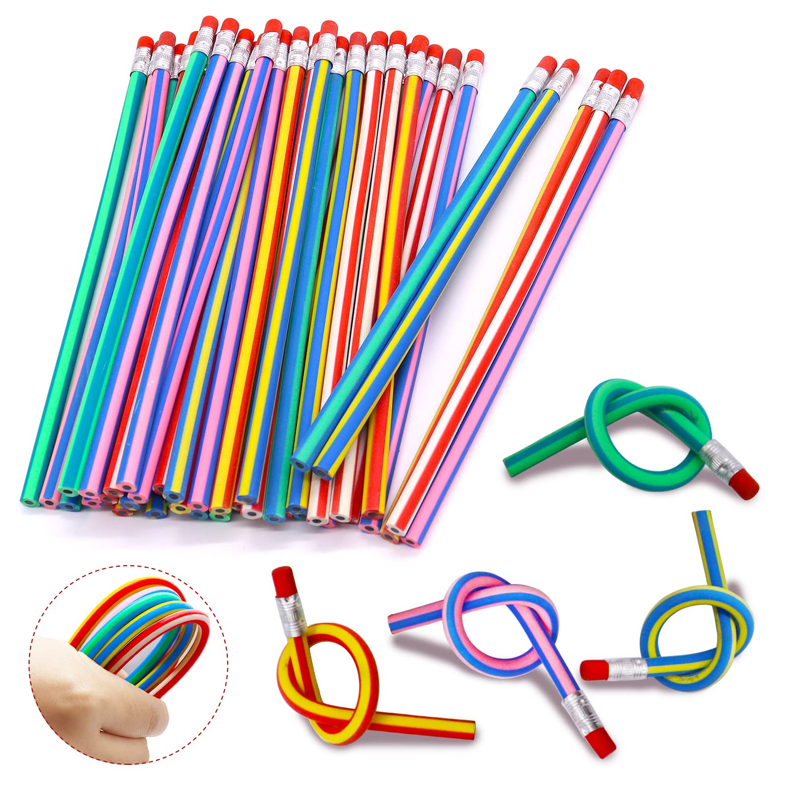 40 Pack 7 Inch Flexible Bendable Pencils - Soft Novelty Pencils with Erasers, Multi-Colored Striped Pencils for Kids, Students & Artists - Perfect for School, Office, Art Projects & Creative Gifts