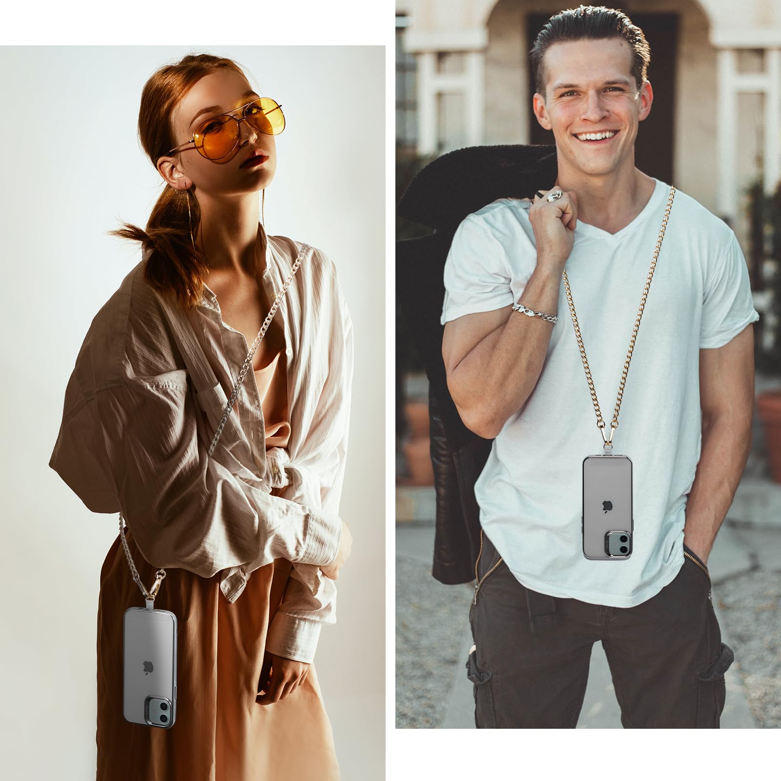 Universal Crossbody Phone Lanyard with 3 Pad Patches - Adjustable Shoulder Strap for iPhone 15 Pro Max/14/13/12/11, Samsung S24/Flip 5, Google & Moto - Gold Phone Charm Neck Chain (Perfect for Travel, Shopping & Hands-Free Convenience)