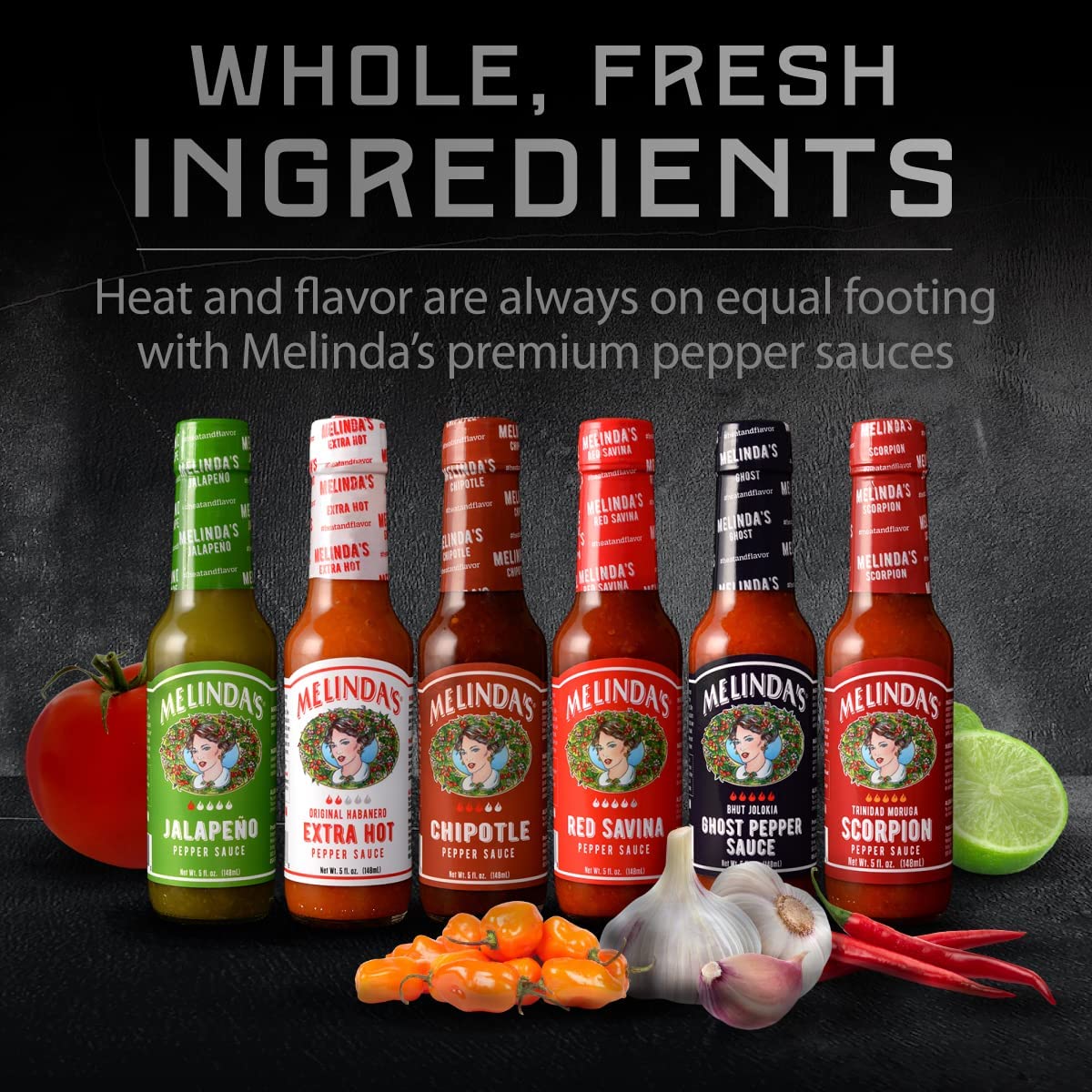 Melinda’s Extra Spicy Hot Sauce Gift Set - 6 Pack Gourmet Pepper Sauce Collection (Jalapeño, Habanero, Chipotle, Red Savina, Ghost & Scorpion) - 5oz Bottles - Perfect for Cooking, Grilling & Gifting