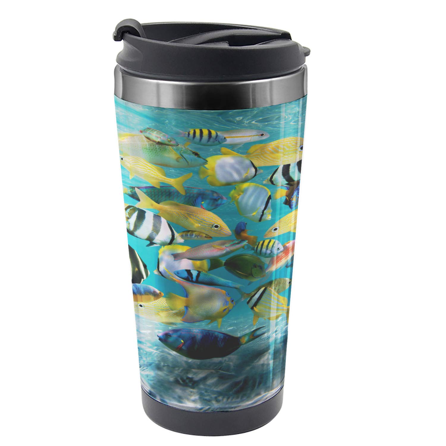 Ambesonne 16 oz Stainless Steel Travel Mug with Fish Underwater Design - Insulated Thermal Cup for Hot & Cold Drinks - Perfect for Commuting, Camping, and Outdoor Adventures