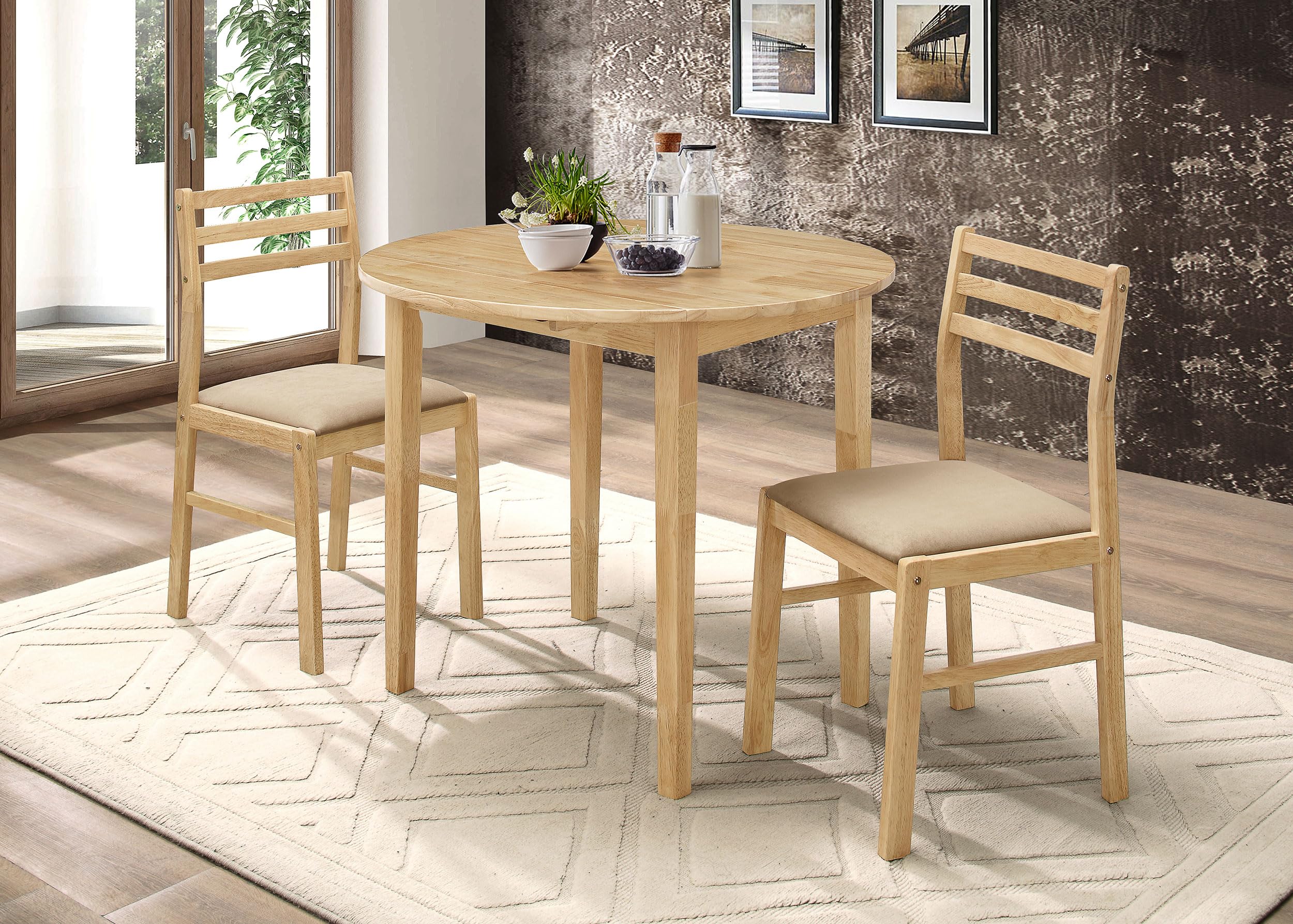 Coaster Home Furnishings 3-Piece Round Wood Dining Set with Drop Leaf Extension Table & Upholstered Ladder Back Chairs - Beige/Natural (130006) | Perfect for Small Spaces, Breakfast Nooks & Cozy Dining Areas