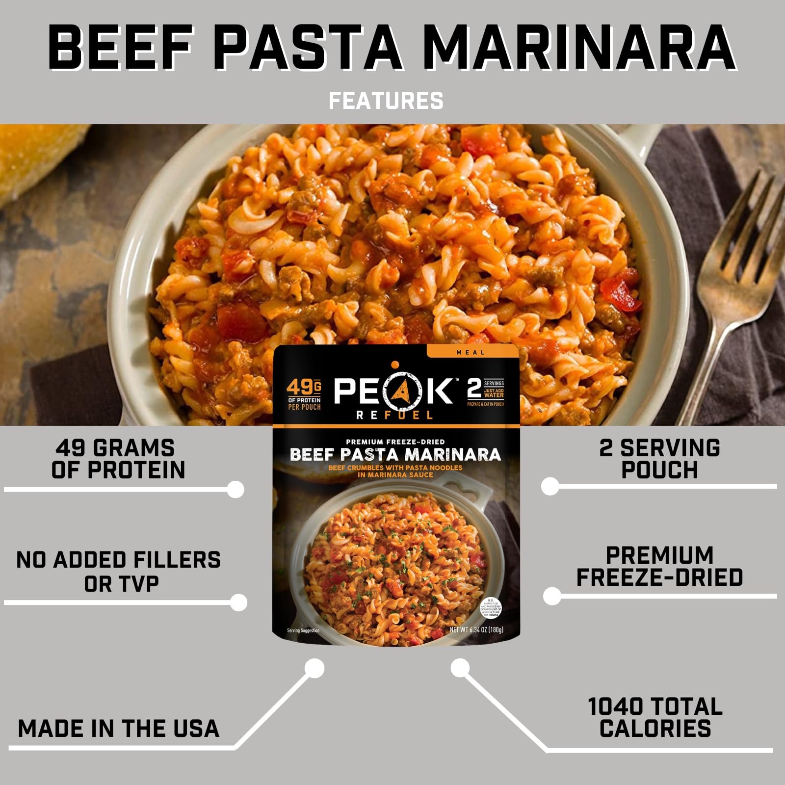 Peak Refuel Beef Pasta Marinara Freeze-Dried Meal - High Protein (49g) & Calories (1040) - 100% Real Meat - 2 Servings - Perfect for Backpacking, Camping & Emergency Preparedness - Lightweight Survival Food for Outdoor Adventures & MRE Kits