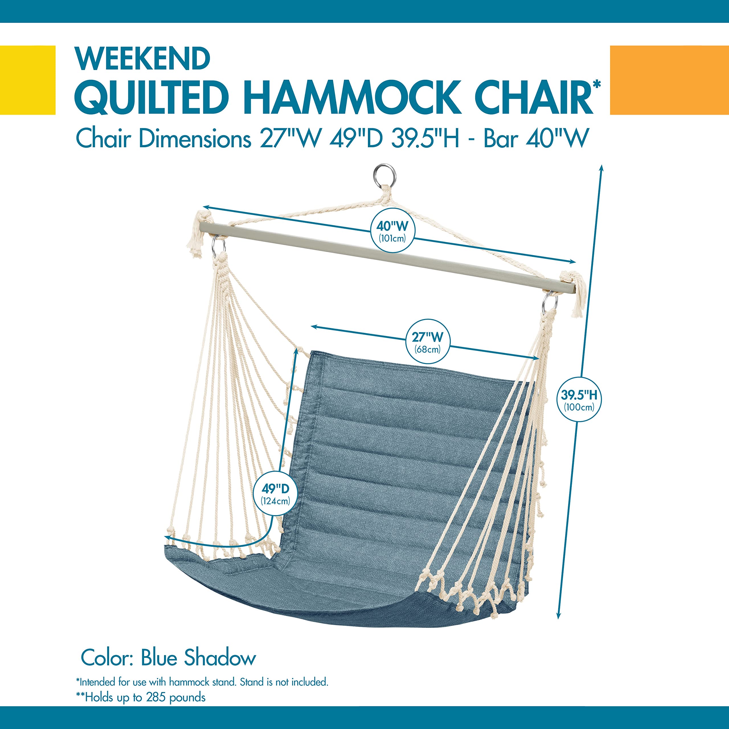 Duck Covers Weekend Quilted Hammock Chair - 27 x 49 x 39.5 Inch Outdoor Hanging Swing Chair in Blue Shadow - Perfect for Patio, Garden, Backyard & Indoor Relaxation