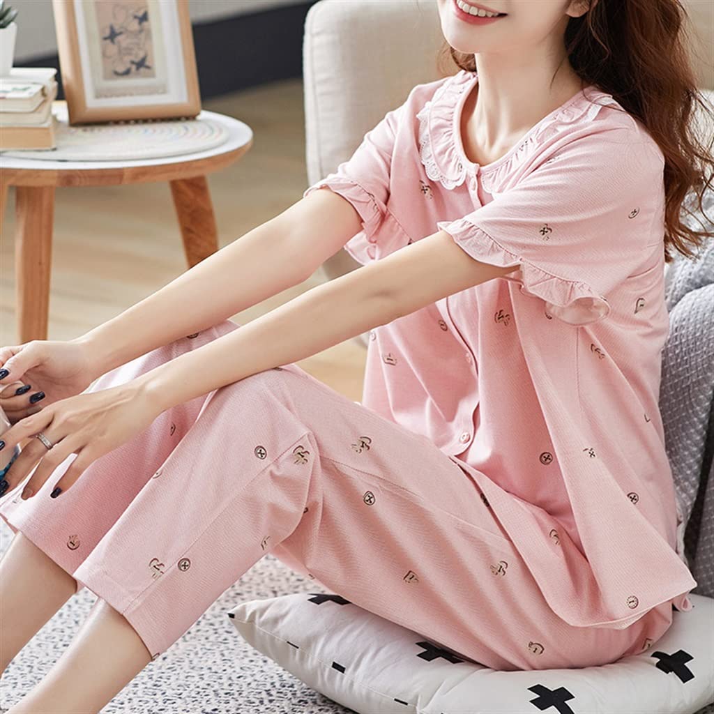 Women's Cotton Summer Pajama Set - Short Sleeve Sleepwear & Lounge Pants - Soft Breathable Comfort for Spring & Summer - Pink XL - Perfect for Home Relaxation, Lounging & Vacation Wear