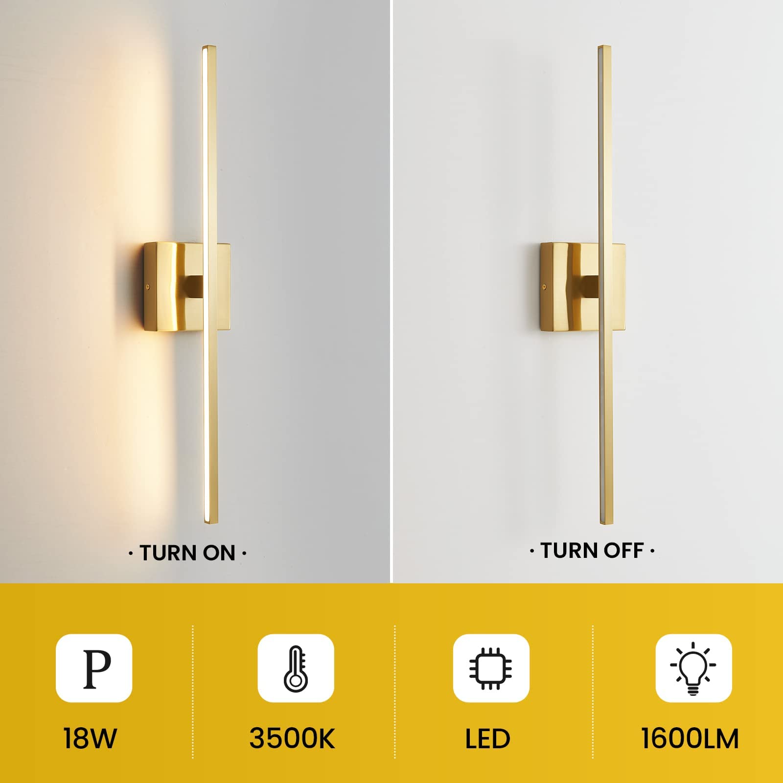 24 Inch Gold Modern LED Vanity Light Fixture - 18W Bathroom Wall Sconce with 3500K Warm White Light for Mirror & Paintings - Perfect for Contemporary Bathrooms and Art Galleries