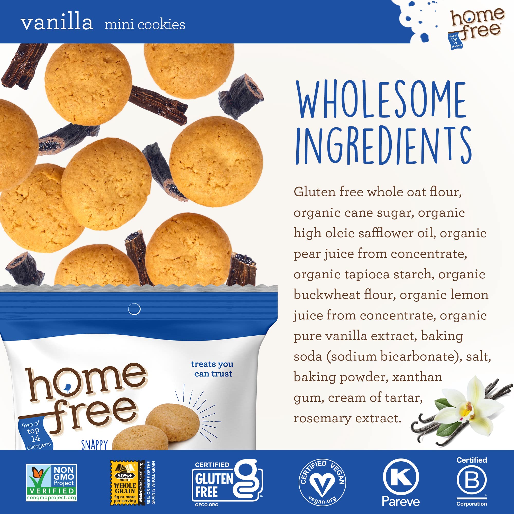 Gluten Free Mini Cookies Vanilla - 70% Organic, Single Serve Snacks (1.1oz, Pack of 64) | Homefree Trusted Treats for School Lunches, Travel & On-the-Go Healthy Snacking