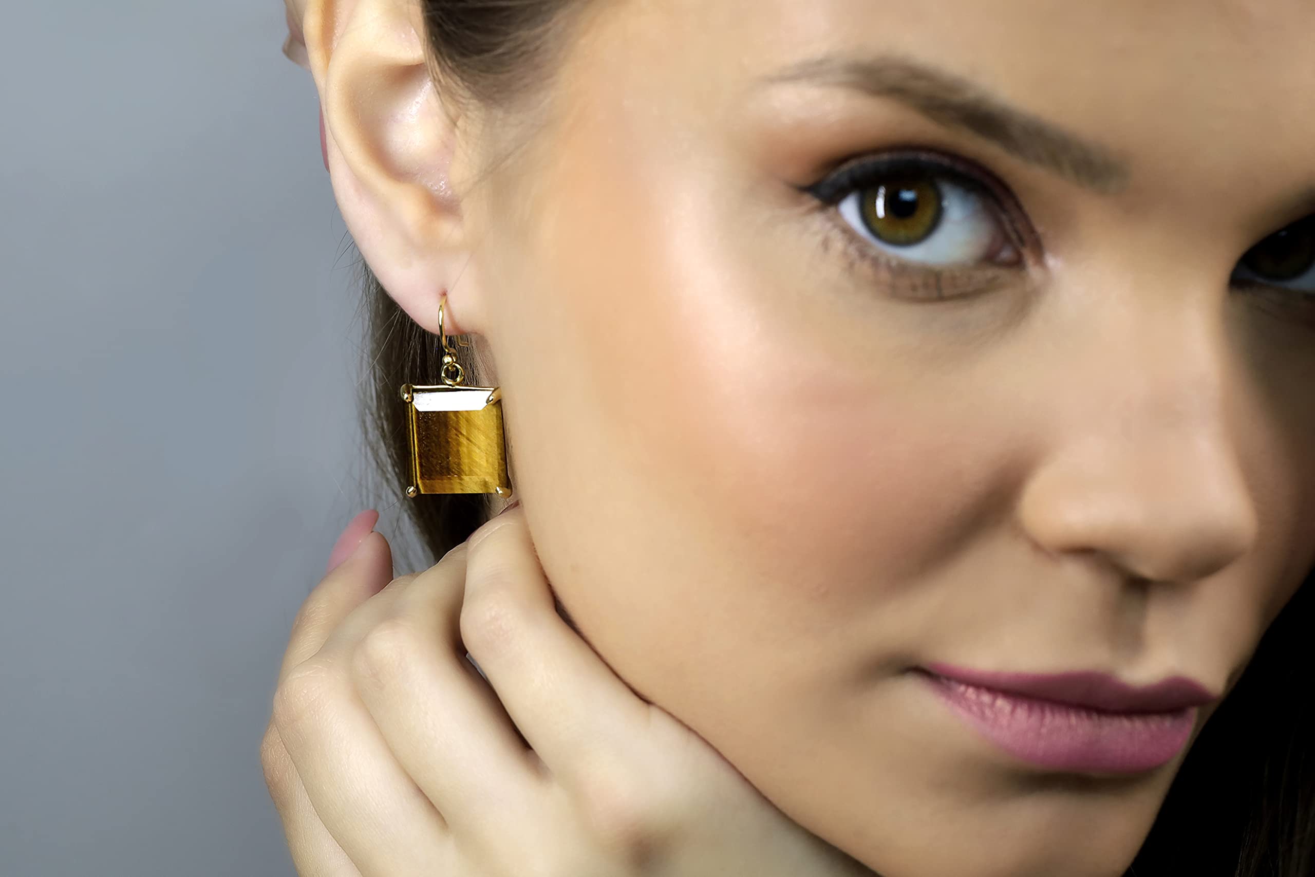 Luxury Tiger Eye Square Statement Earrings for Women - Large Gold Dangle Earrings with Genuine Gemstone - Elegant & Chic Jewelry for Parties, Weddings & Evening Events