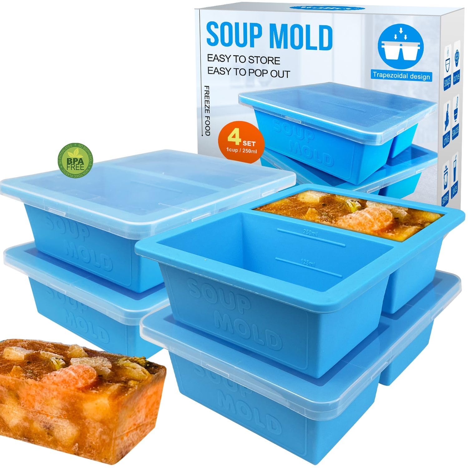 Walfos 4-Piece Extra Large Silicone Soup Freezer Containers with Lids - 1-Cup Capacity for Storing Soup, Broth, Sauce & Ice - BPA-Free Freezing Trays Perfect for Meal Prep, Leftovers & Batch Cooking