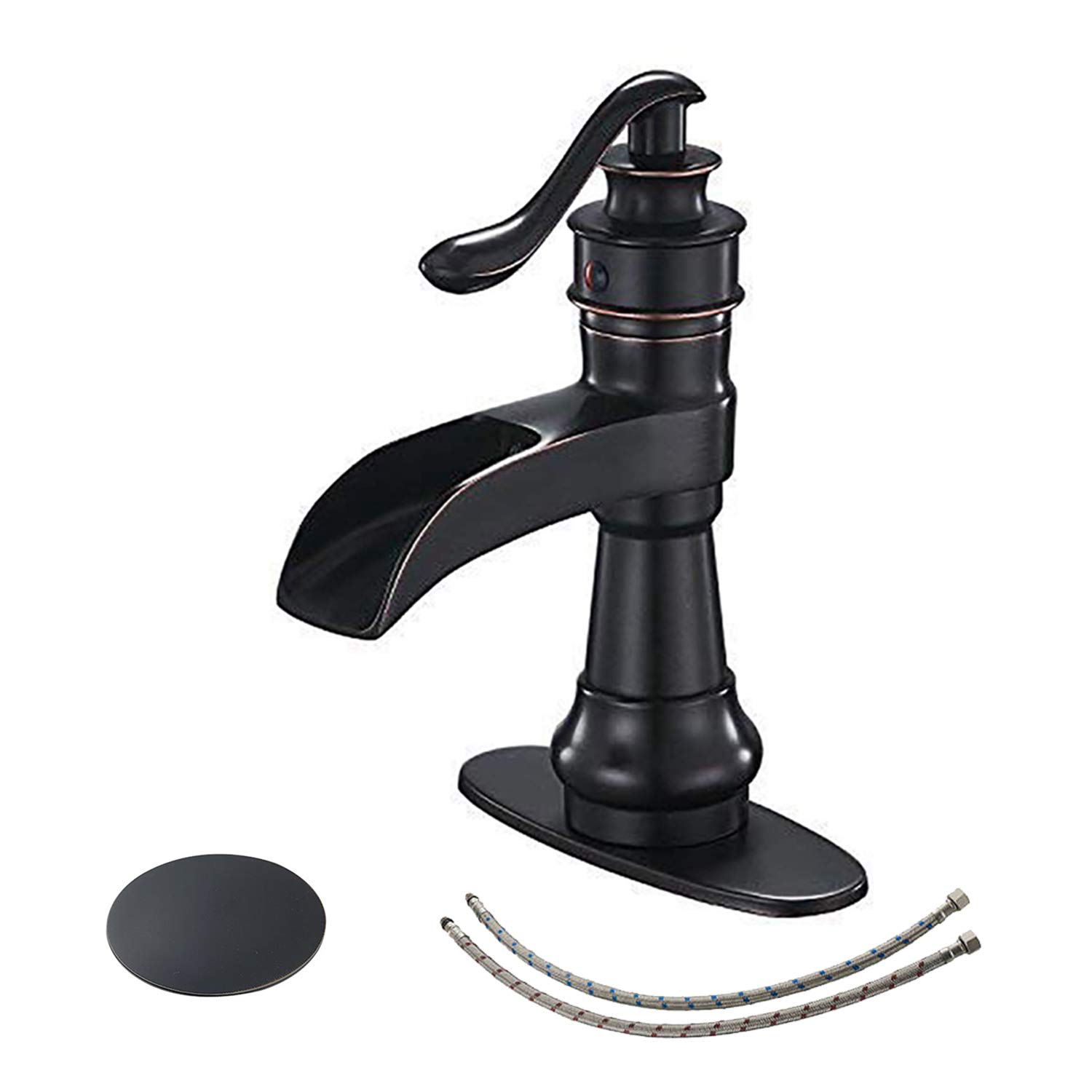 BWE Oil Rubbed Bronze Waterfall Bathroom Sink Faucet - Single Hole Mount with Pop-Up Drain & Supply Hose - Farmhouse Vanity Faucet for Bathroom Sinks | Perfect for Rustic & Modern Home Decor