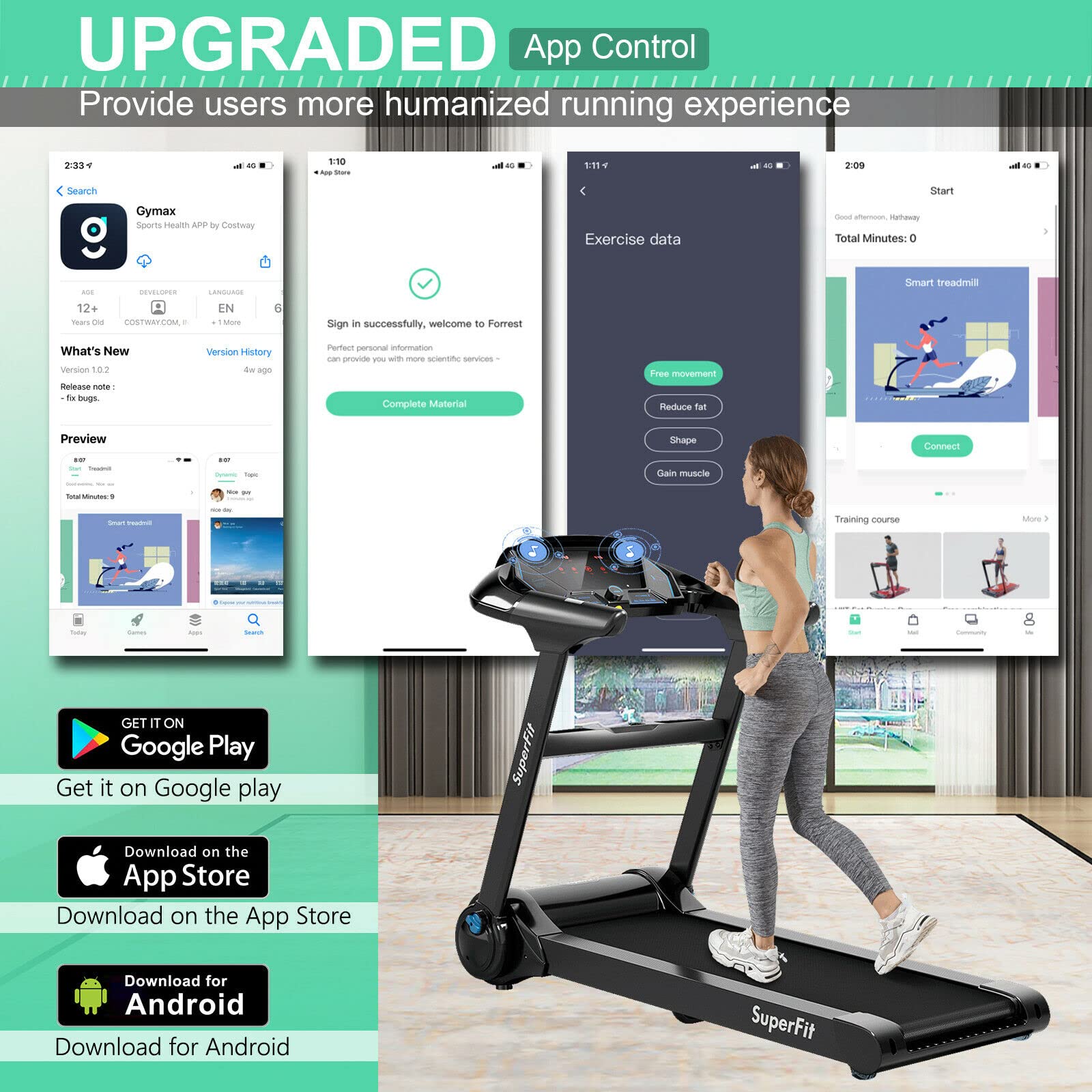 Goplus Folding Treadmill - Electric Portable Running Machine with Bluetooth Speaker, APP Control, 16.5