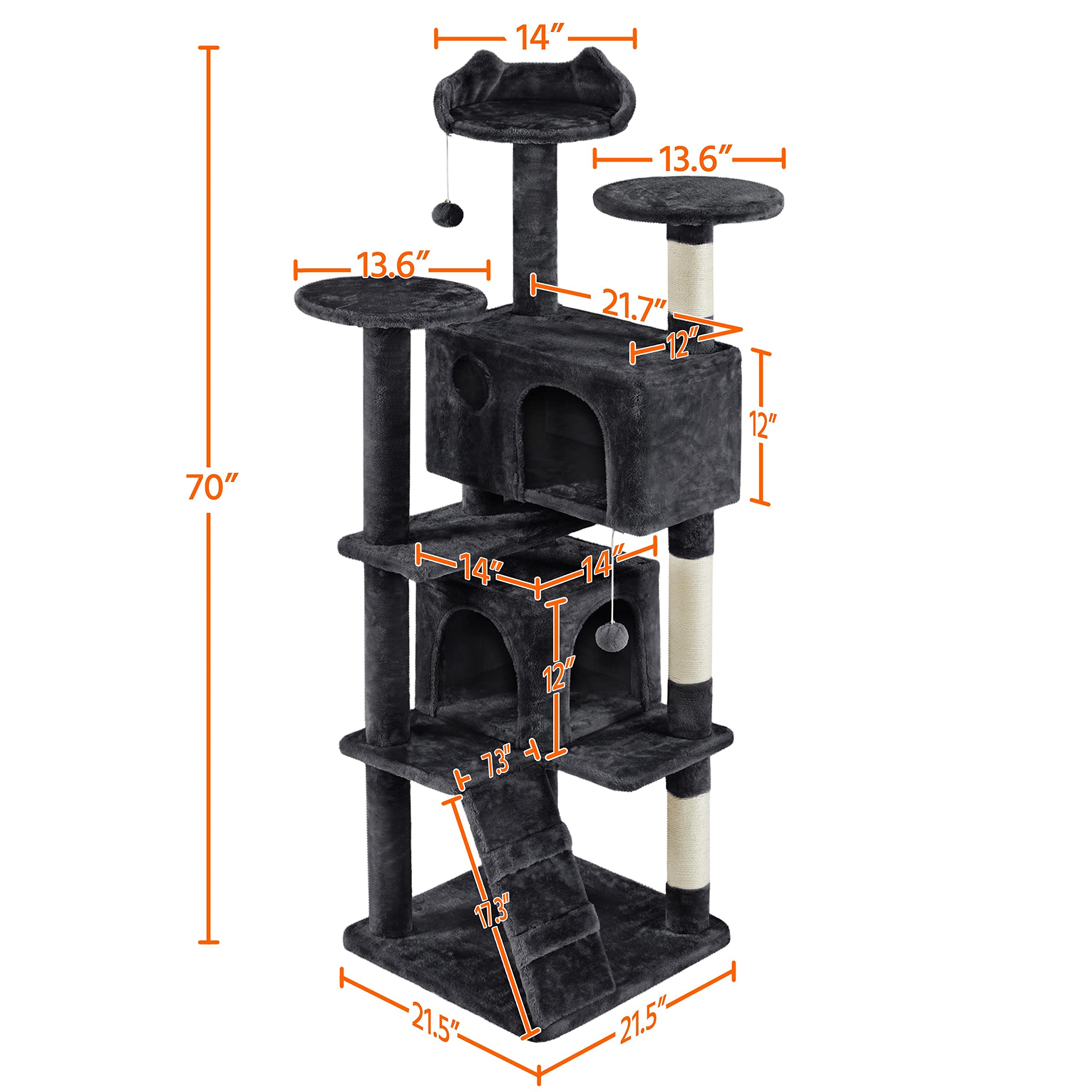 Topeakmart 70 Inch Multi-Level Cat Tree Tower with Scratching Posts, Dangling Toys, and Condos - Sturdy Cat Furniture for Indoor Cats (Black) - Perfect for Small Spaces, Apartments & Playful Kittens