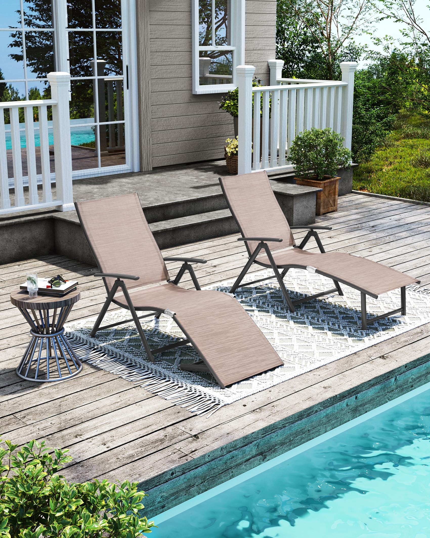 Pellebant Outdoor Chaise Lounge Set of 2 - Adjustable Aluminum Pool Lounge Chairs with Footrest | Foldable Patio Furniture for Beach, Poolside, Deck & Backyard Relaxation (2-Piece Set, Espresso Brown) - Perfect for Sunbathing, Vacation Resorts & Outdoor Lounging