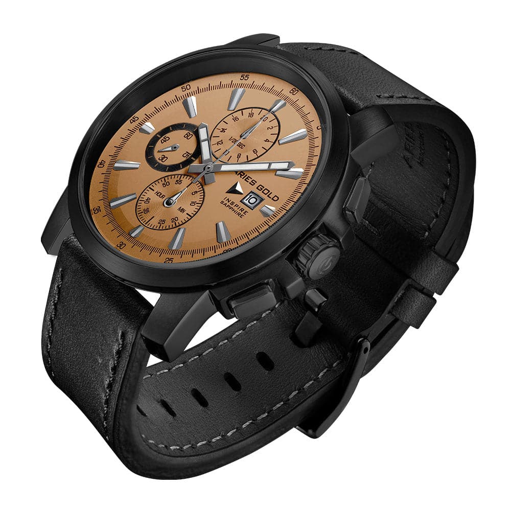 ARIES GOLD INSPIRE CONTENDER Black Stainless Steel Men's Watch with Black Leather Strap - Model G 7301A BK BR - Perfect for Business, Formal Events & Everyday Wear