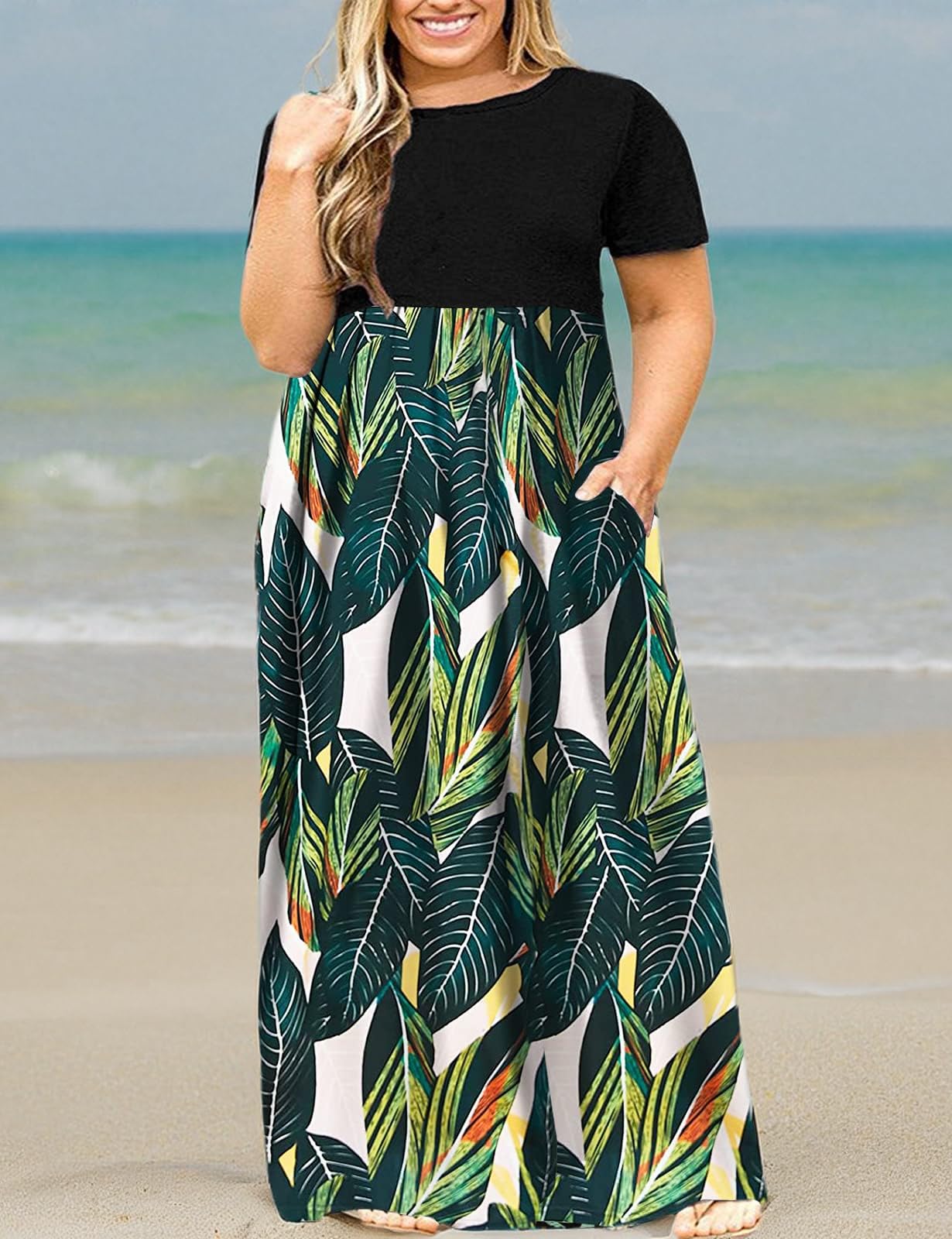 Kancystore Plus Size Women's Short Sleeve Maxi Dress with Pockets - Loose Fit Casual Summer Dress for Beach, Vacation & Everyday Wear