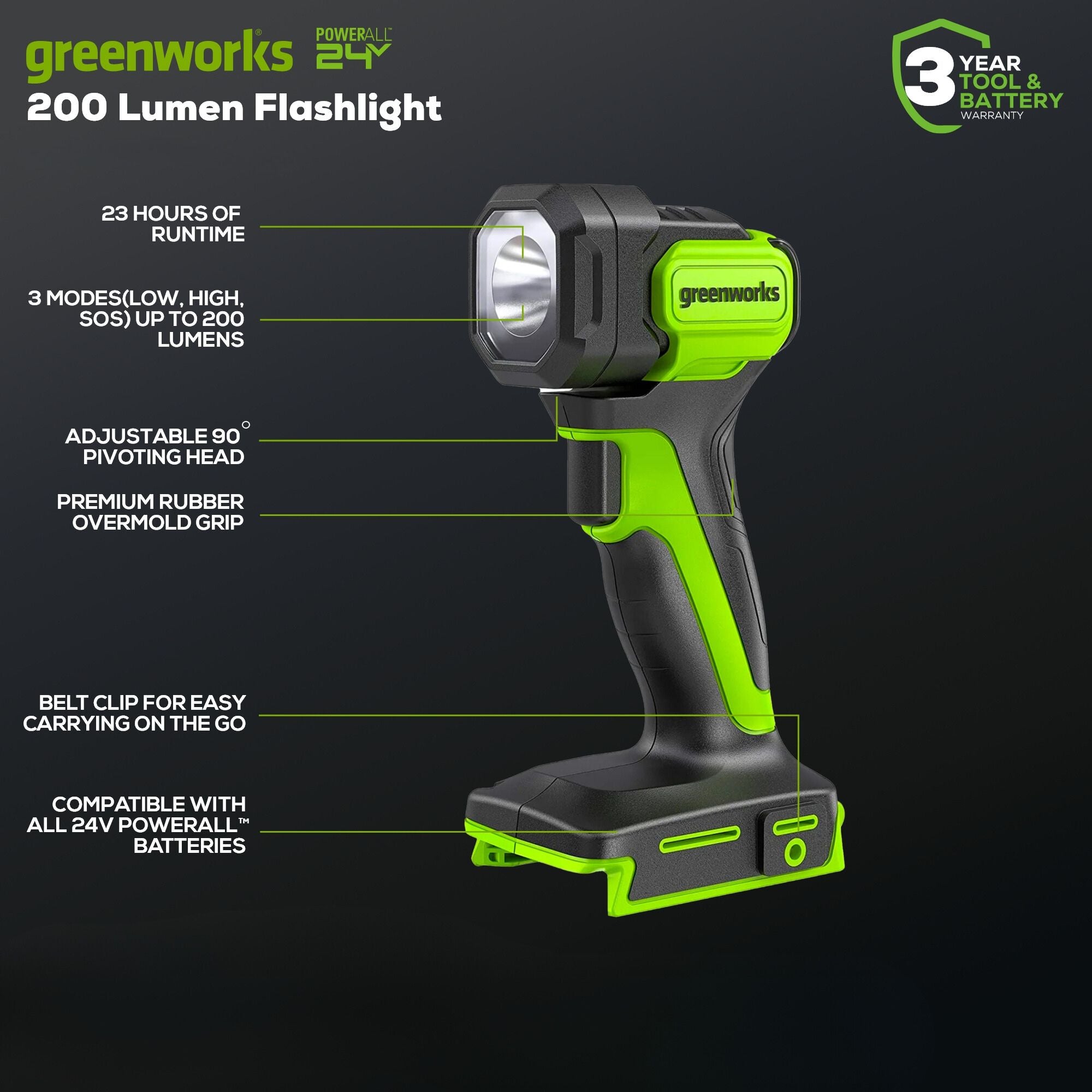 24V 200 Lumen Rechargeable LED Flashlight - High Brightness Cordless Work Light for Camping, Hiking, Emergency & Home Repairs (Tool Only)