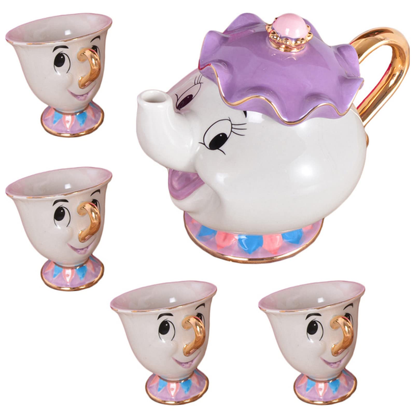 Disney Beauty and The Beast Mrs. Potts & Chip Tea Set - 1 Teapot + 4 Cups, Ceramic Coffee Mug Collection with Sugar Bowl, Perfect for Afternoon Tea, Gift for Disney Fans, Home Decor, and Themed Parties