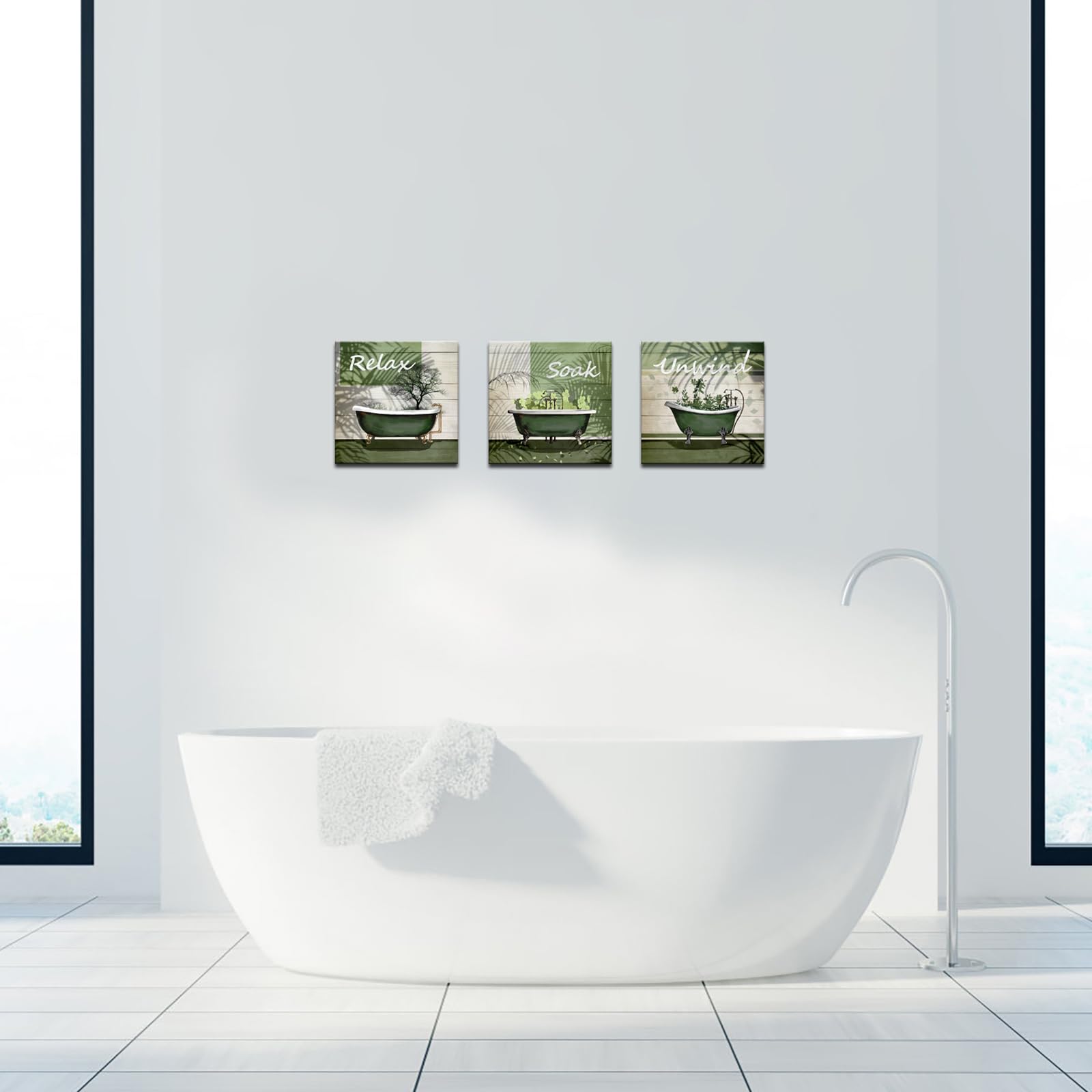Botanical Leaf Wall Art - Green Bathroom Decor for Relaxing Soak - 12x12inch Canvas Print Set of 3