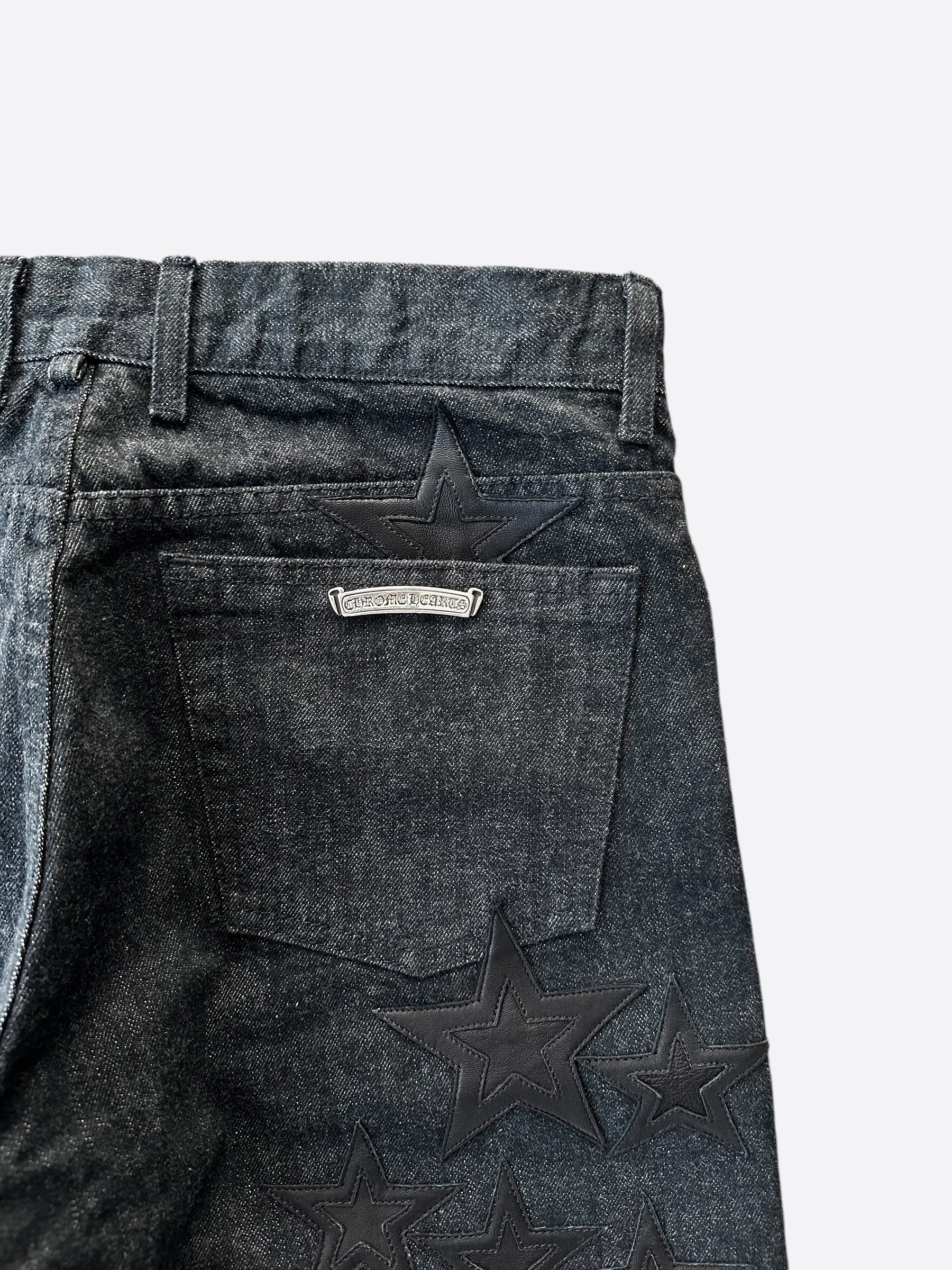 Chrome Hearts Grey & Black Star Patch Fleur Knee Jeans - Vintage Distressed Denim for Men & Women | Perfect for Streetwear & Casual Outfits
