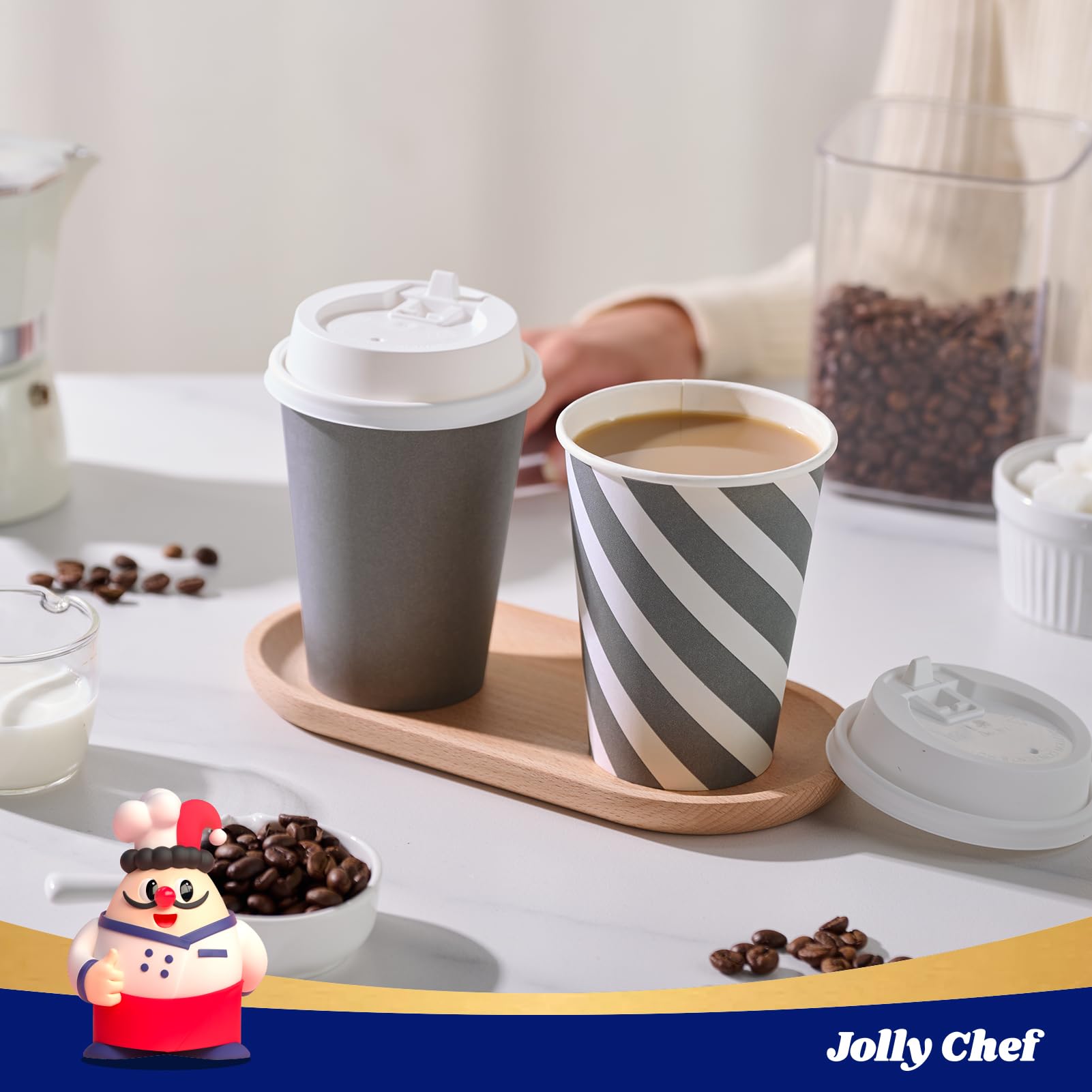 JOLLY CHEF 100 Pack 12 oz Disposable Paper Coffee Cups with Lids - Printed Hot Drink Cups for Home, Office, Restaurant & Cafe Use - Stripes and Grey Design - Perfect for Coffee, Tea, Hot Chocolate and Takeout Beverages