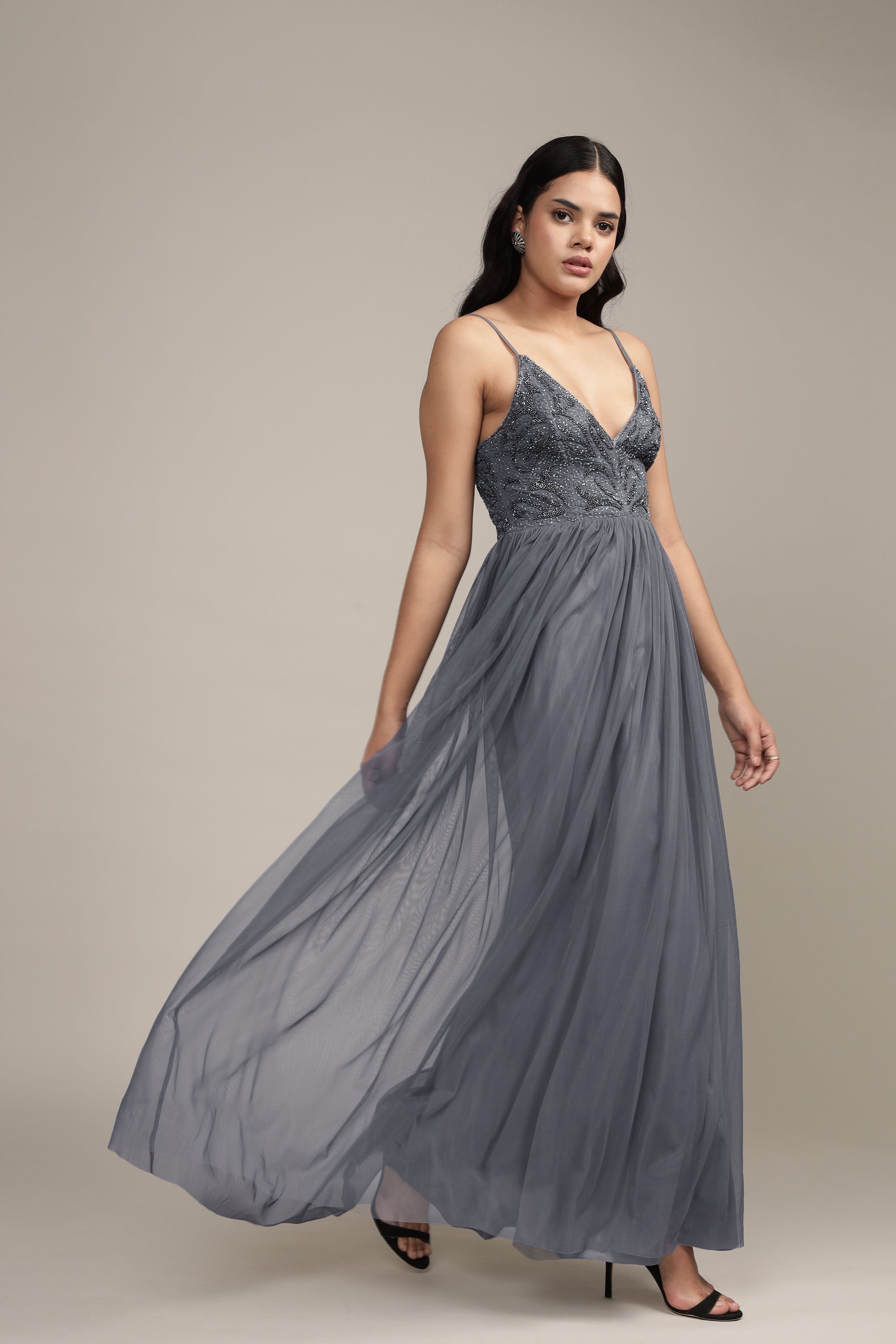 Seraphina Embellished Maxi Dress in Grey - Elegant Long Formal Gown for Weddings, Parties & Evening Events | Plus Size & Petite Options Available