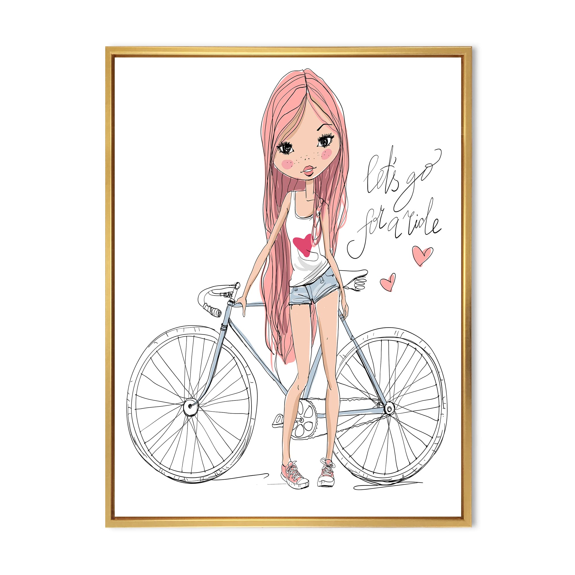 DesignQ Young Girl Riding Bicycle - Framed Canvas Wall Art Print for Kids Room Decor | Nursery, Bedroom & Playroom Wall Decor