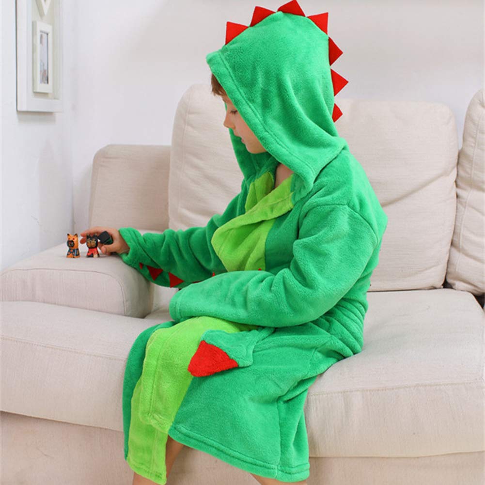 Dinosaur Hooded Fleece Bathrobe for Boys & Girls 3-8 Years - Soft Plush Animal Sleepwear for Kids, Toddler Cozy Robe After Bath, Swimming or Bedtime