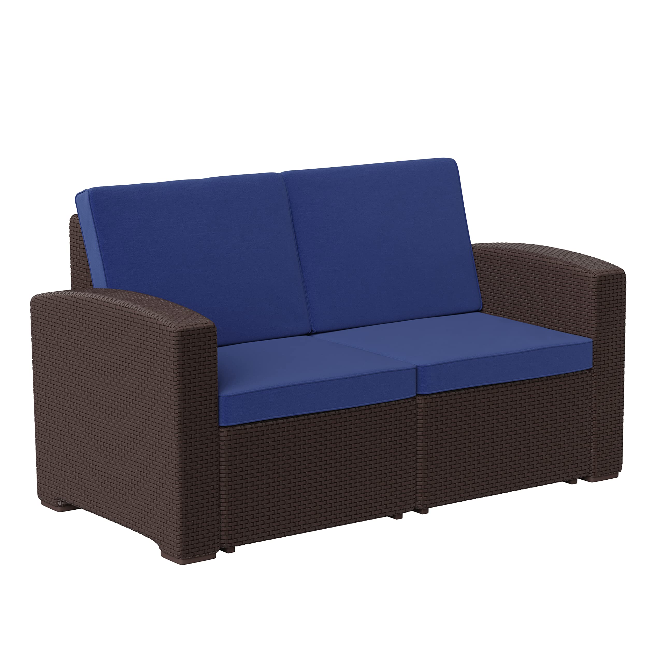 Flash Furniture Seneca Chocolate Brown Faux Rattan Loveseat with All-Weather Navy Cushions - Outdoor Patio, Garden, Porch Seating for Relaxing