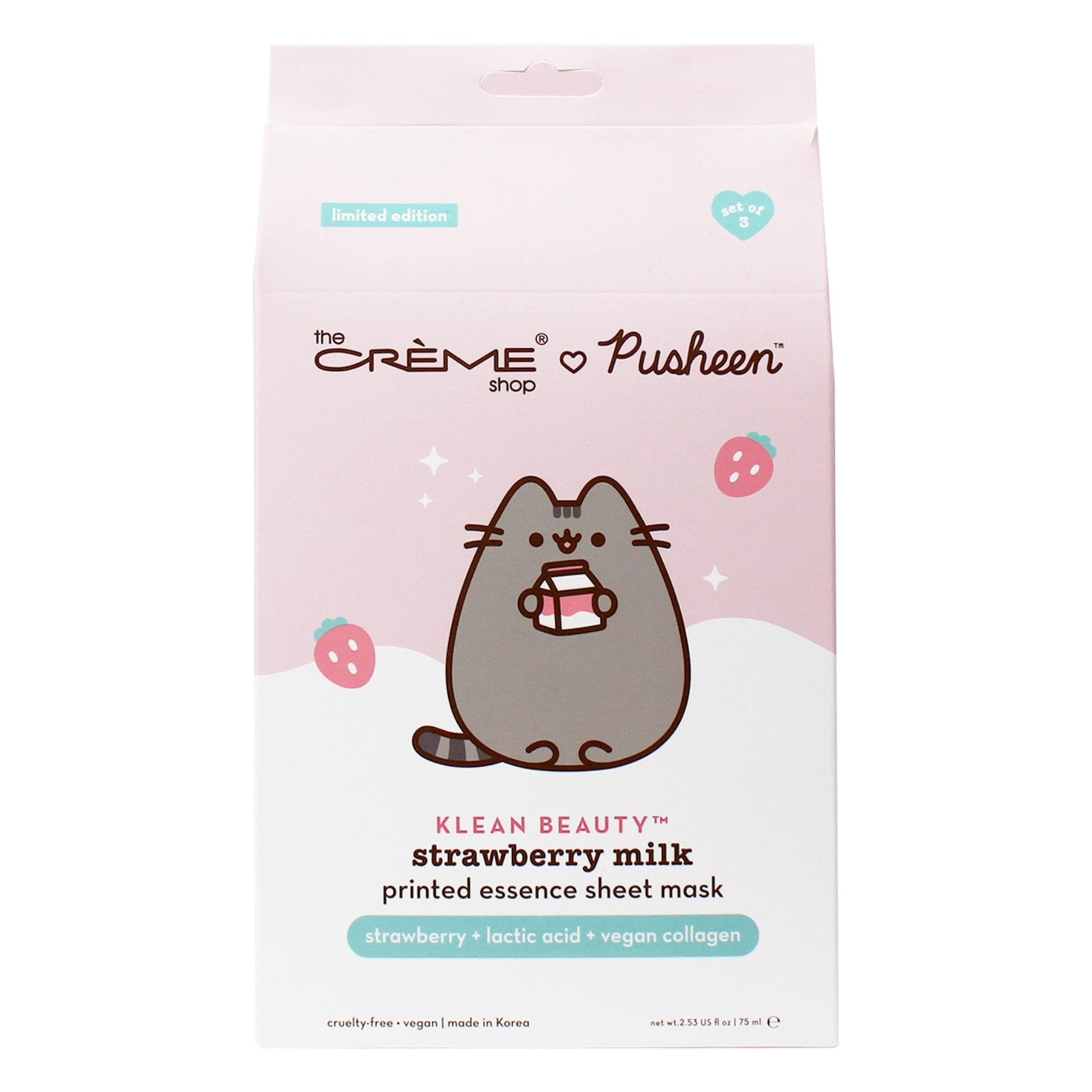 The Crème Shop X PUSHEEN KLEAN BEAUTY Strawberry Milk Printed Essence Sheet Mask - Vitamin C & Vegan Collagen for Brightening & Youthful Skin | Vegan, Cruelty-Free (3 Pack) | Perfect for Spa Night, Self-Care Routine & Gift Giving