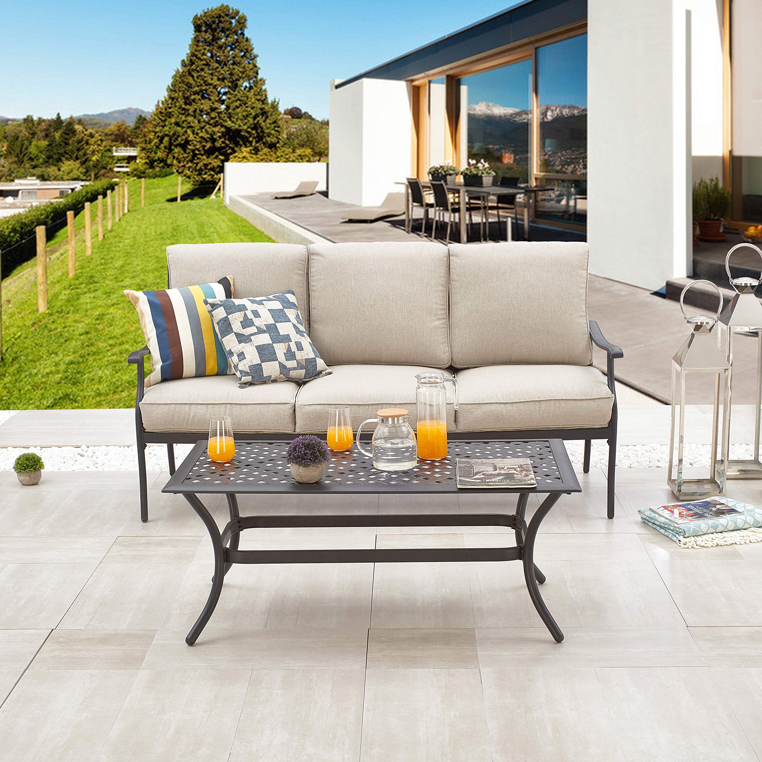 LOKATSE HOME 3-Seat Metal Outdoor Loveseat Bench with Coffee Table - Patio Bistro Set for Garden, Yard, Poolside, Porch or Lawn - Beige - Perfect for Relaxing, Entertaining Guests and Outdoor Dining