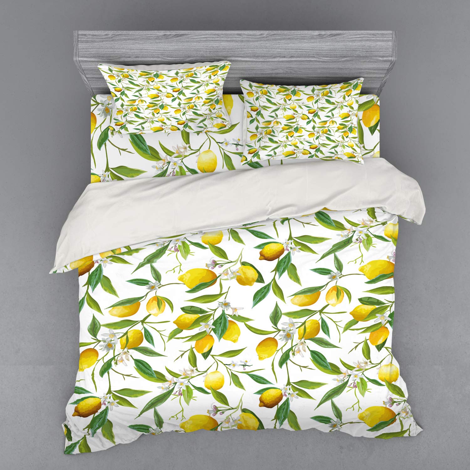 Ambesonne Nature Bedding Set - 4 Piece King Size Duvet Cover with Shams & Fitted Sheet, Flowering Lemon Citrus Print in Fern Green Yellow White | Botanical Themed Bedroom Decor for Modern Homes