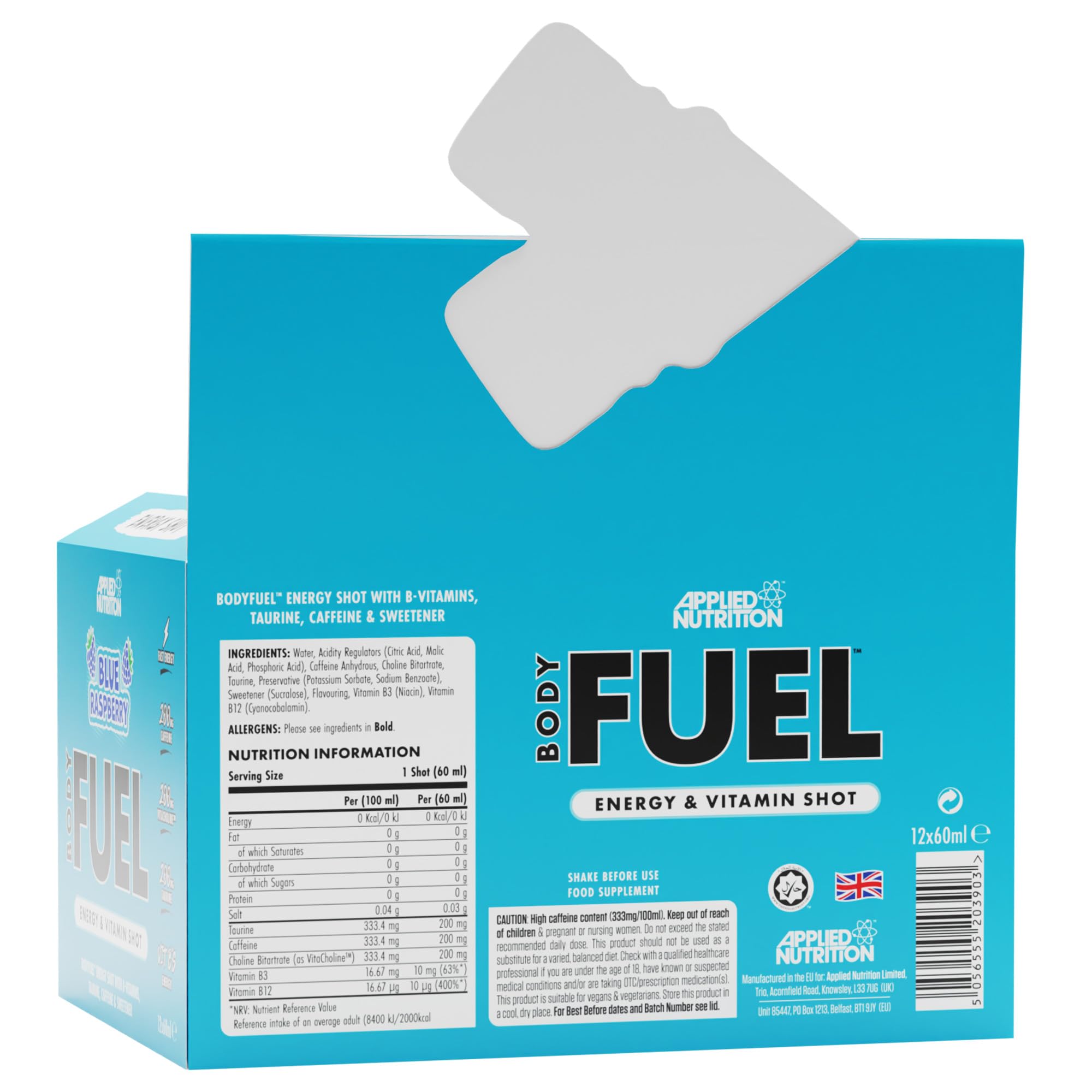Applied Nutrition Body Fuel Energy Shots - 12 Pack (60ml Each) - Blue Raspberry Flavor - Boost Energy & Focus for Workouts, Study & Long Days