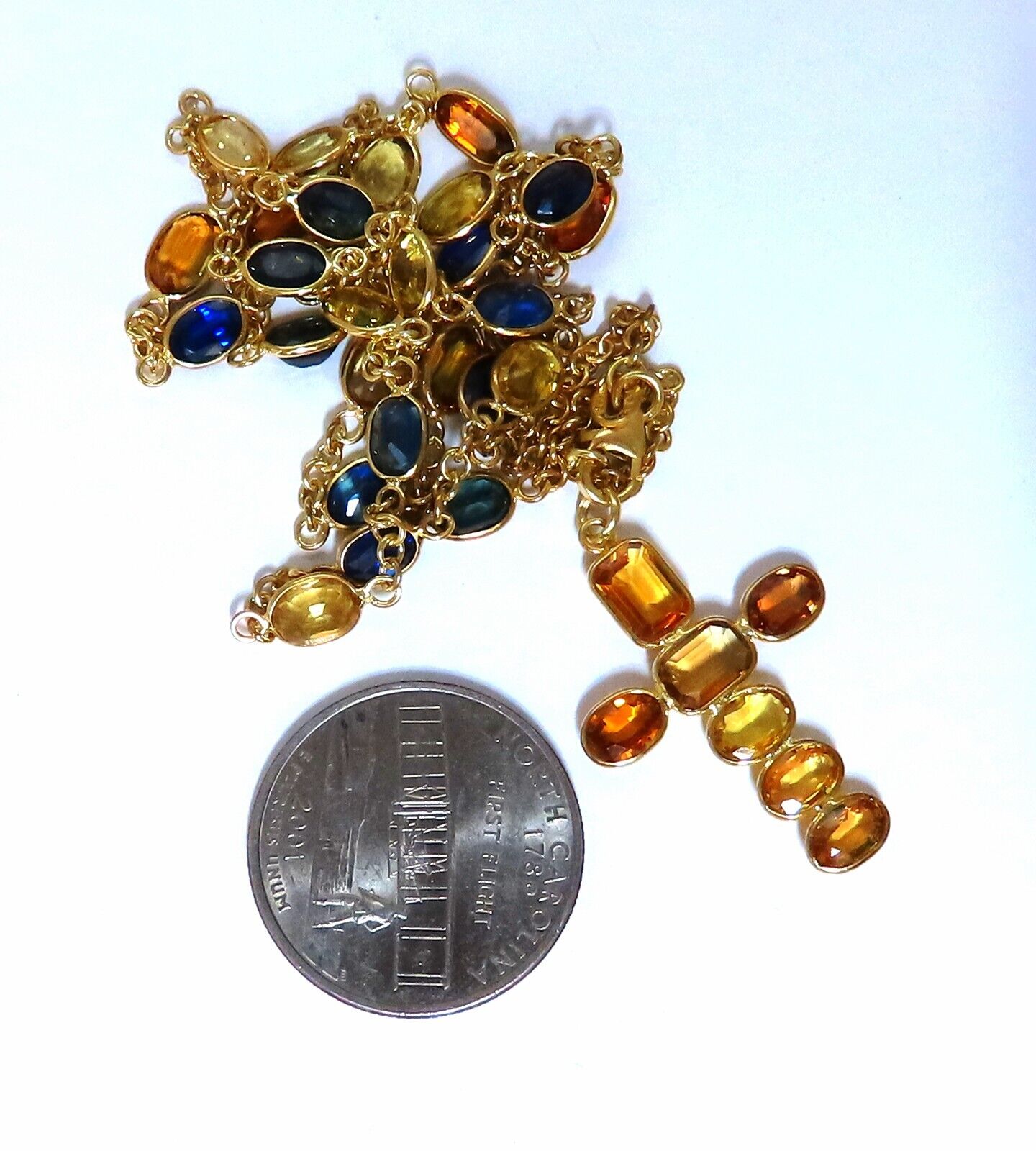 22ct Multicolor Natural Sapphire Rosary Necklace with 14kt Gold Cross & Chain - Elegant Religious Jewelry for Women, Perfect for Church, Weddings & Daily Wear