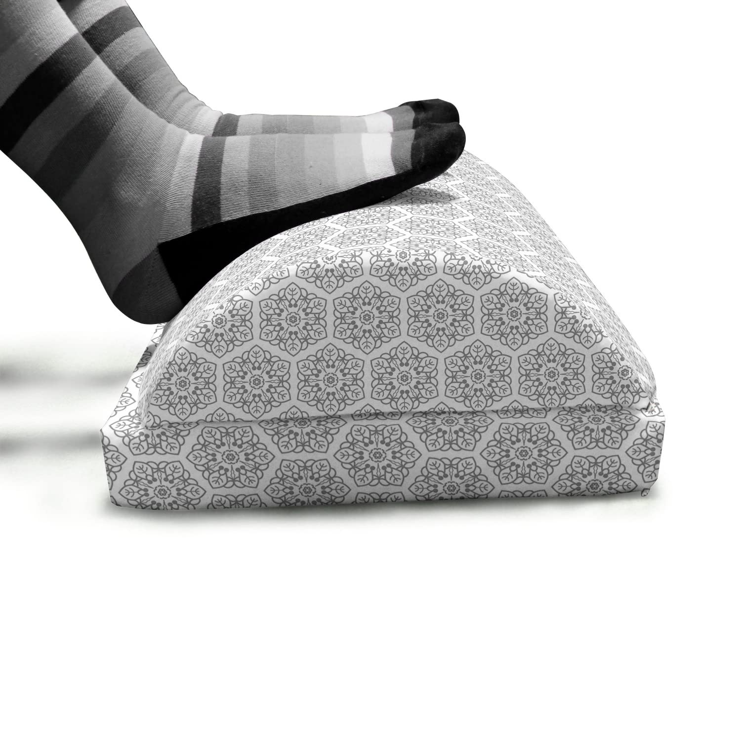 Ambesonne Floral Foot Rest with Non-Slip Backing - Adjustable Ergonomic Memory Foam Leg Support for Office & Home - Grey and White Intricate Floral Pattern - Perfect for Work, Reading & Relaxation