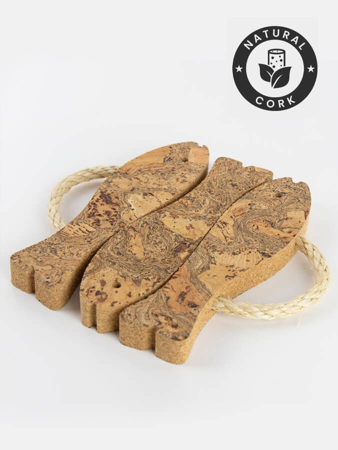 Natural Cork Trivet with Three Fish Design - Eco-Friendly Heat Resistant Coaster for Hot Pots & Pans - Perfect for Kitchen, Dining Table & Outdoor BBQ