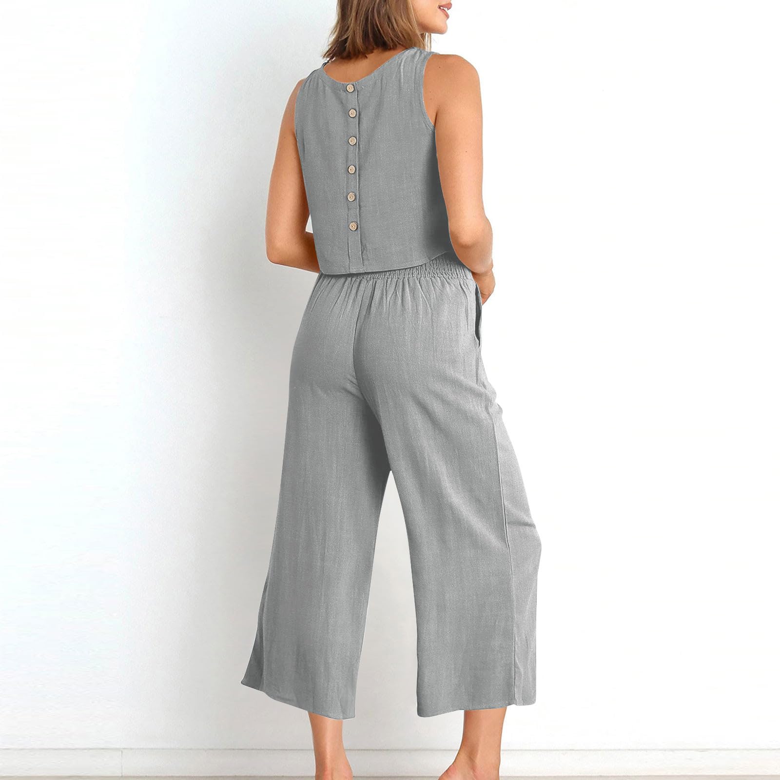 Women's 2-Piece Summer Outfit Set - Linen Crop Top & High Waist Wide Leg Capri Pants | Lounge Wear, Casual Matching Set | Perfect for Beach Vacation, Yoga & Summer Travel