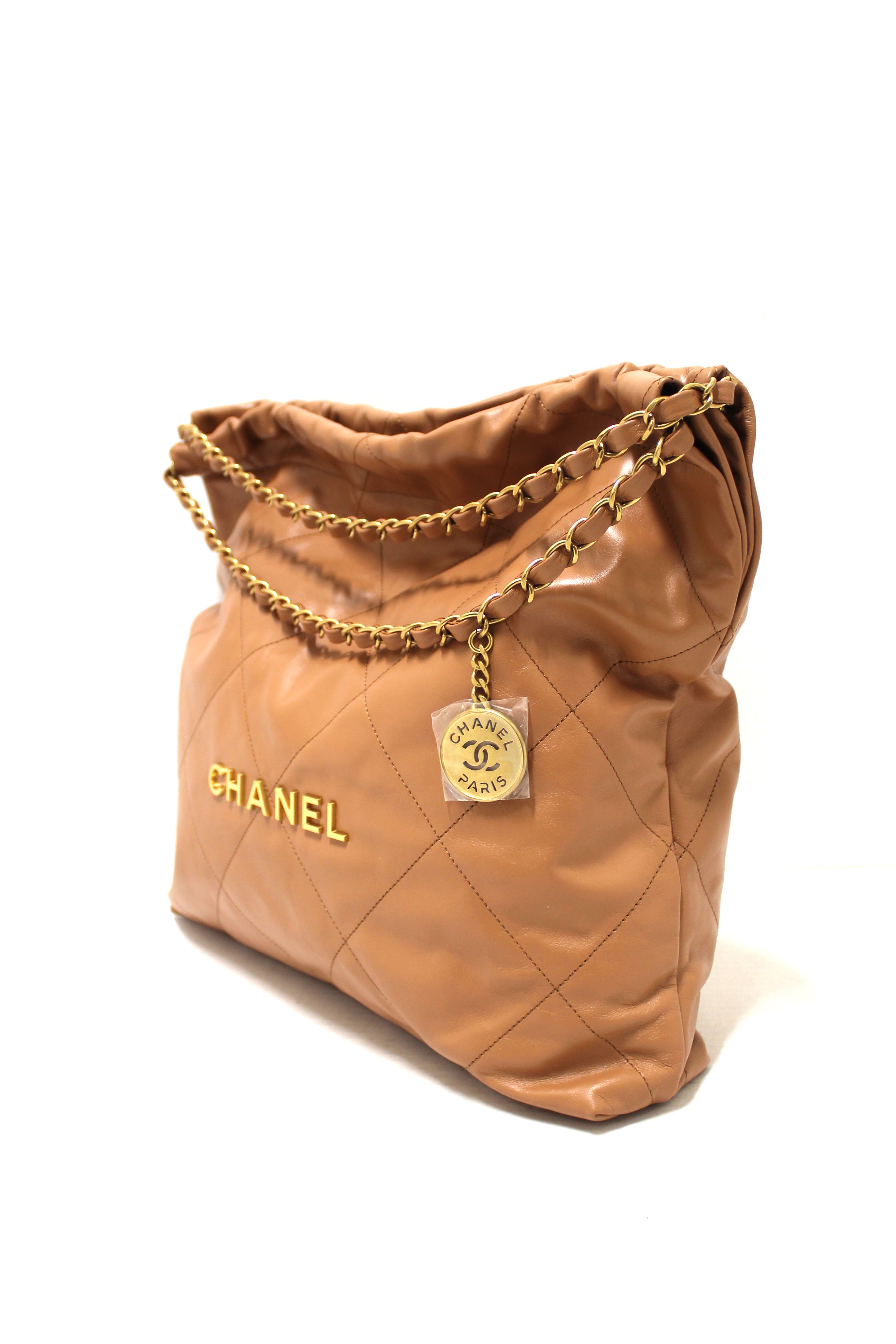 Authentic Chanel 22 Bag in Camel - Shiny Calfskin Leather Shoulder Tote for Women | Luxury Designer Handbag for Work, Travel & Everyday Use