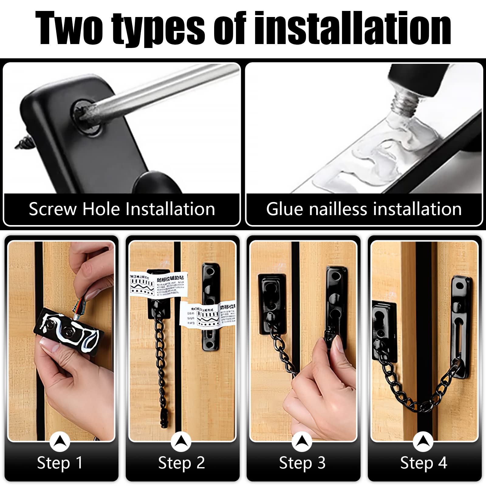 Stainless Steel Door Chain Lock with 4 Screws - Heavy Duty Security Latch for Bedroom, Inside Door, Home & Hotel Safety (Black) | Perfect for Apartment Security, Child Safety & Privacy Protection