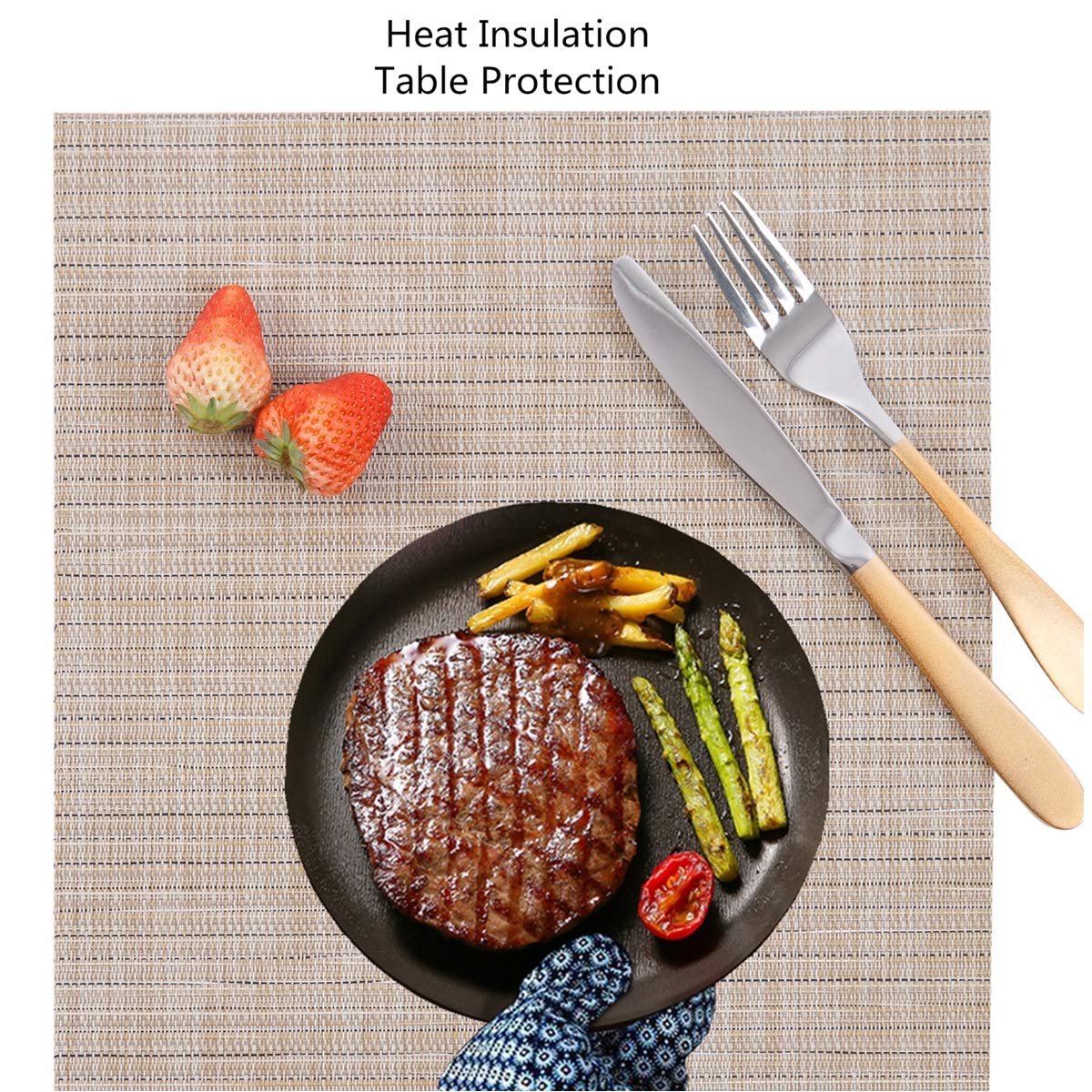 Myir JUN Set of 8 Non-Slip Heatproof Woven Placemats - Washable PVC Table Mats for Dining Room, Kitchen, and Office (Beige) | Perfect for Everyday Meals, Dinner Parties, and Home Decor