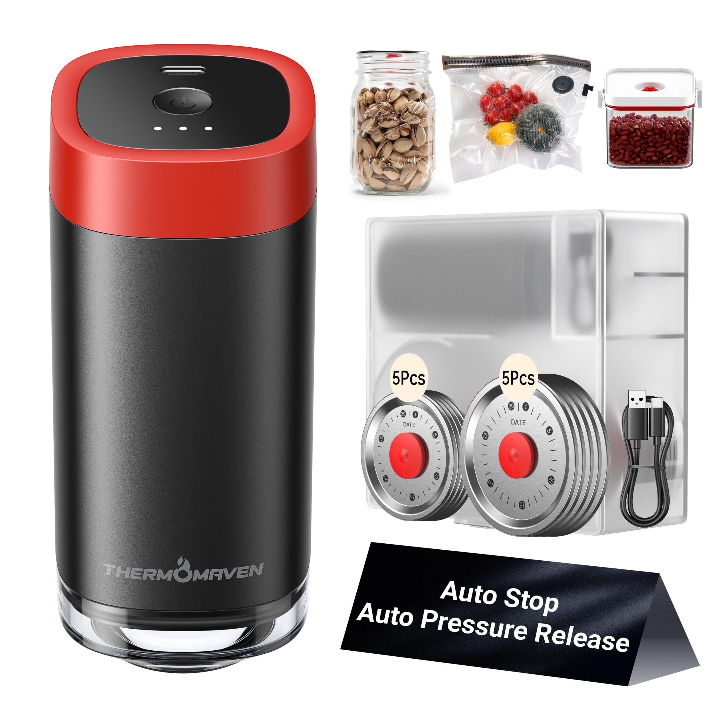 4-in-1 Automatic Vacuum Sealer Kit for Mason Jars, Food Containers & Wine Bottles - Patented Mason Jar Vacuum Sealer with 10 Auto Pressure Release, Reusable Lids (Black & Red) - Perfect for Food Storage, Meal Prep & Preserving Freshness