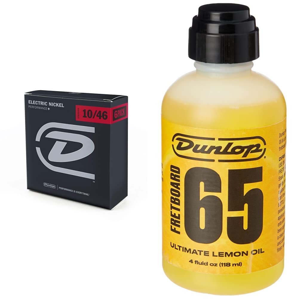 Jim Dunlop Performance+ 10/46 Electric Guitar Strings - 6 Pack Bundle with Dunlop Ultimate Lemon Oil 4oz | Premium Nickel Wound Strings & Fretboard Conditioner Kit for Electric Guitars | Perfect for Rock, Blues & Studio Recording