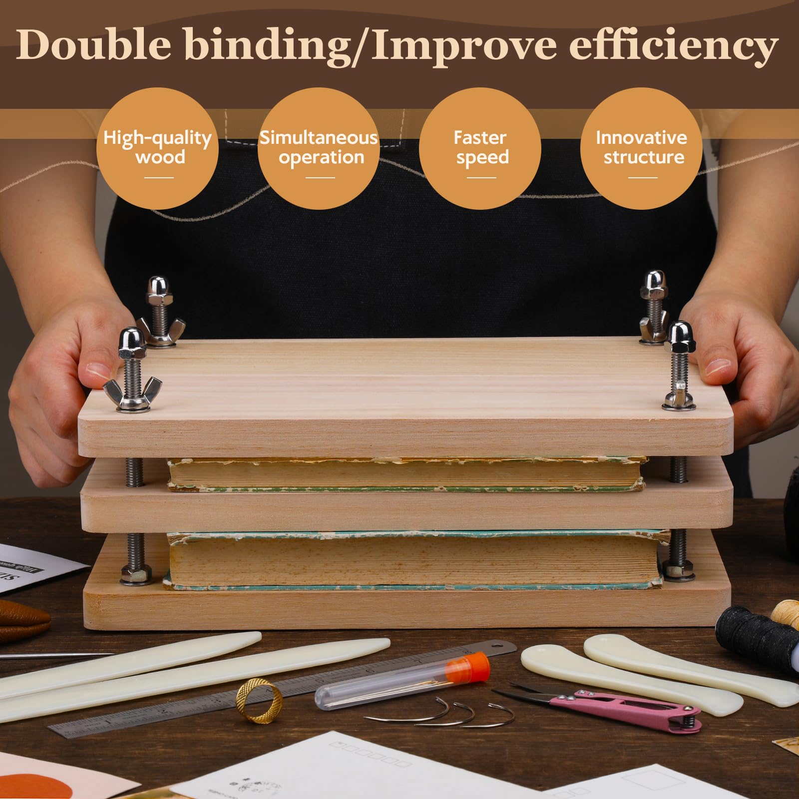 JUPEAN 34-Piece Book Binding Kit with 11.81”x7.56” Book Press - Includes Bone Folder, Needles, Waxed Threads & Awl - Complete Bookbinding Tools Set for Beginners - Perfect for DIY Journals, Scrapbooks & Handmade Gifts