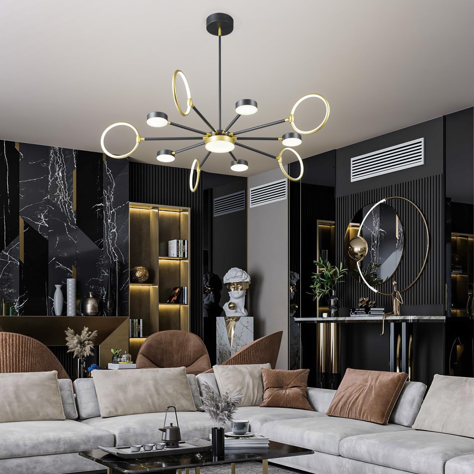 Modern Black & Gold LED Sputnik Chandelier - 11-Light Farmhouse Pendant Lighting Fixture for Dining Room, Bedroom, Living Room & Kitchen | Energy Efficient Dimmable Ceiling Light for Home Decor