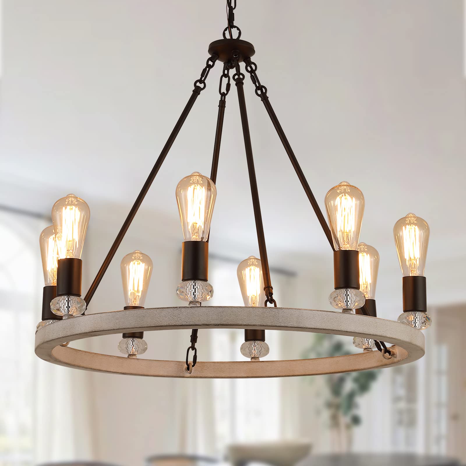 MEIXISUE 8-Light Farmhouse Wagon Wheel Chandelier - Rustic Oak & ORB Industrial Metal Round Ceiling Light Fixture - UL Listed for Kitchen Island, Dining Room, Living Room & Home Office (27.6