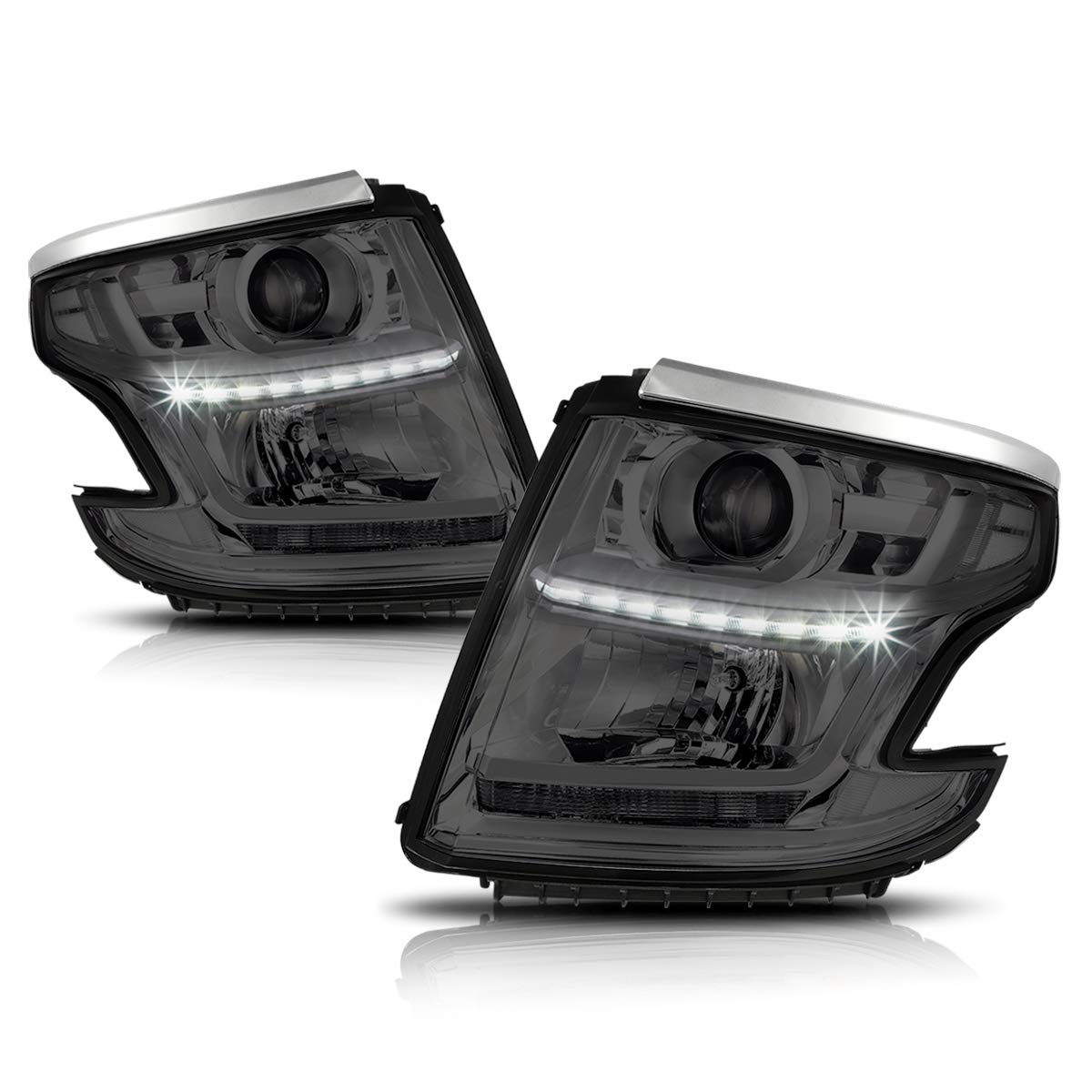 PM PERFORMOTOR Headlight Assembly Compatible with 2015-2020 Chevy Suburban & Tahoe - Projector Headlamps with LED DRL, Smoked Lens & Clear Corner - Upgrade for Night Driving & Off-Road Adventures