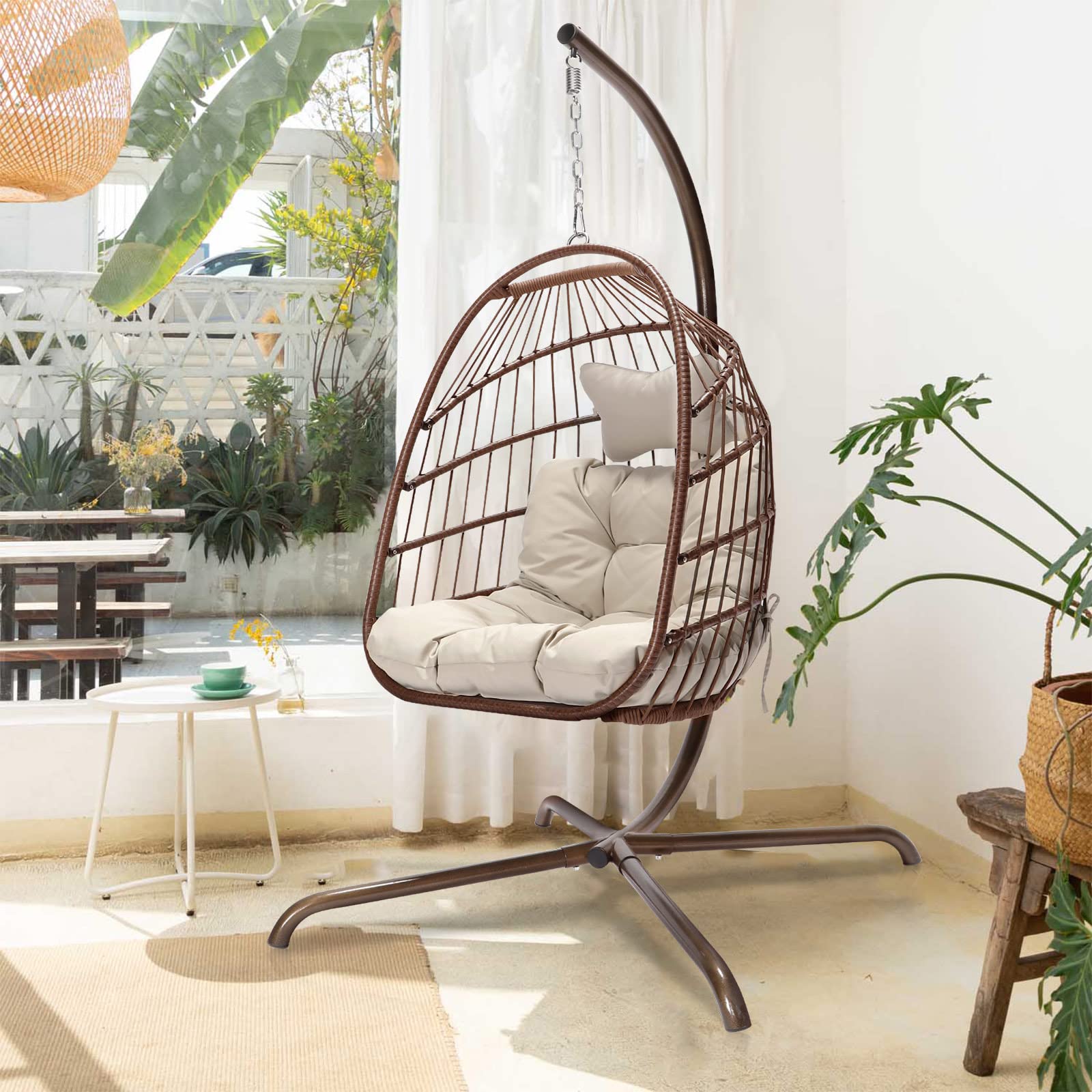 **NICESOUL Indoor/Outdoor Swing Egg Chair - Patio Wicker Hanging Chair with Stand, All-Weather Egg Hammock with Cushions, 350lb Capacity - Perfect for Backyard, Balcony, or Garden Relaxation (Brown)**