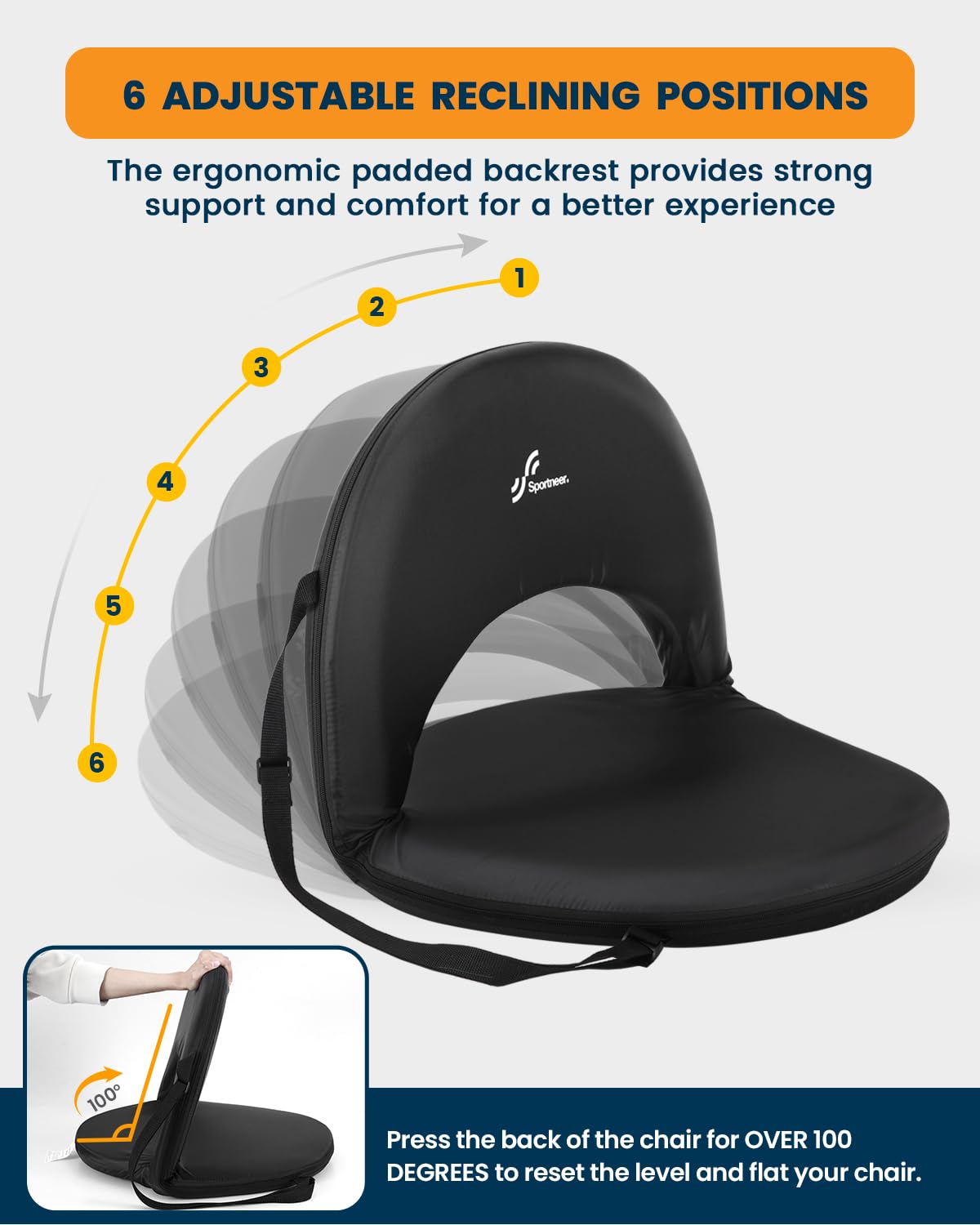 Sportneer Extra Wide Stadium Seats with Back Support & Shoulder Strap - 2 Pack Portable Bleacher Chairs with 6 Reclining Positions for Football Games, Concerts, Camping, Sports Events & Outdoor Activities