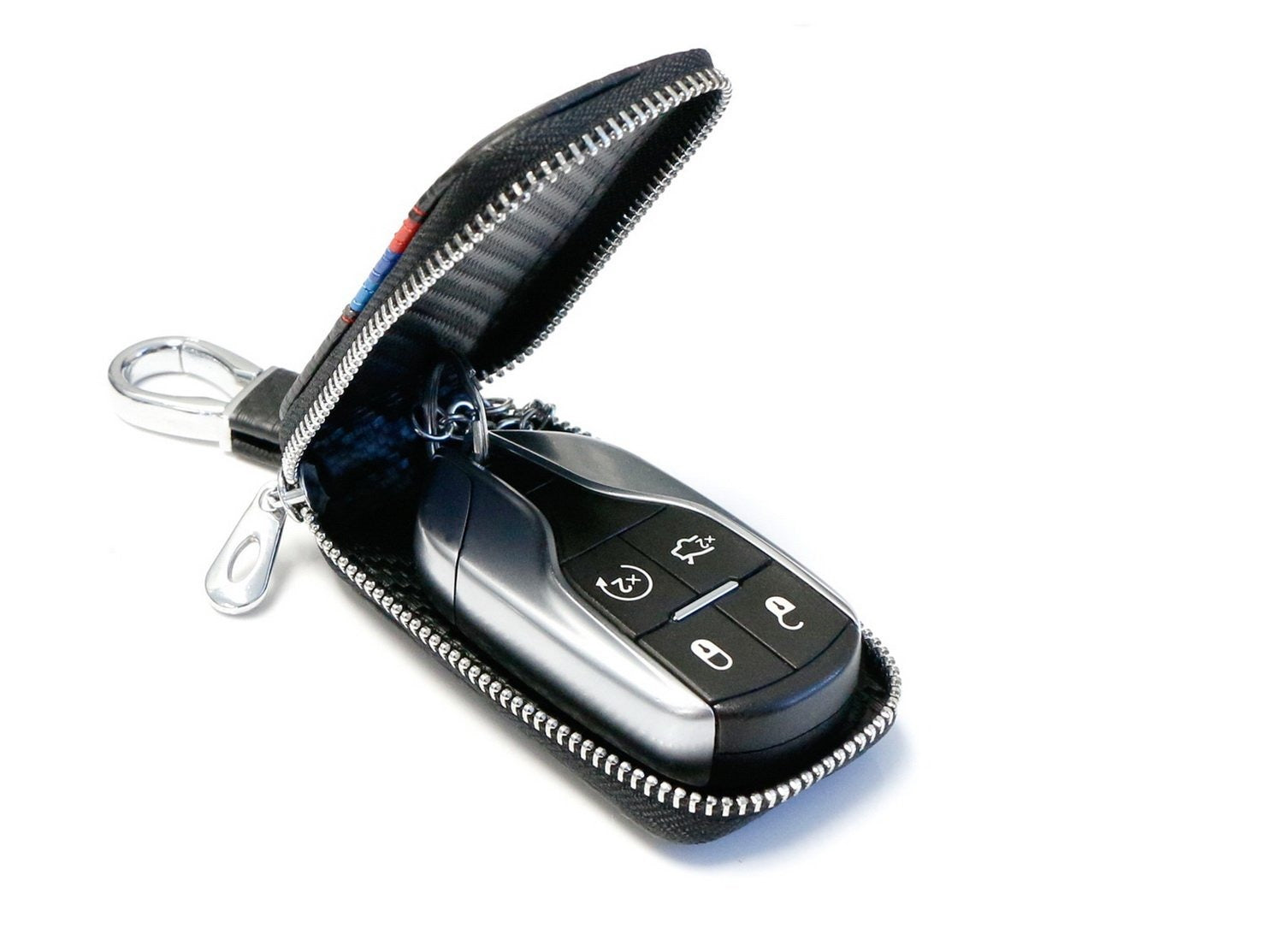 BMW Key Holder Cover - Carbon Fiber Pattern with Colored Stripes, Durable Leather Key Case for BMW Enthusiasts | Perfect for Car Keys, Home & Office Use