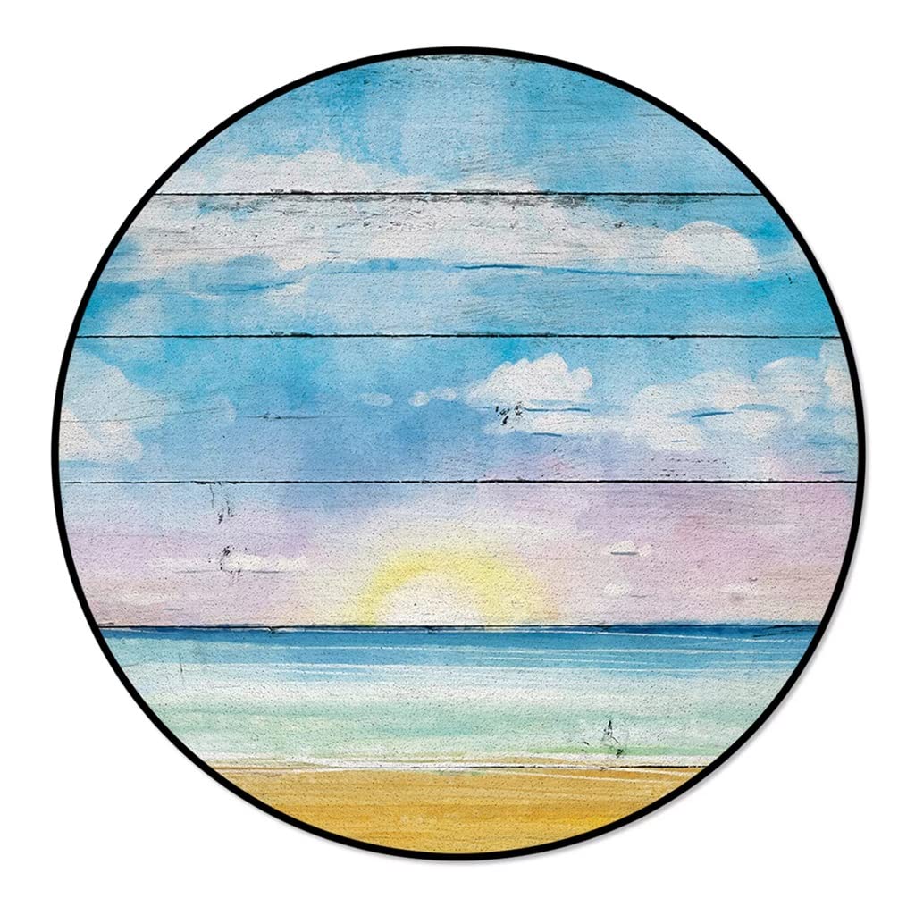 Wood Grain Watercolor Ocean Beach Blue Sky Area Rug - 5' Round Non-Slip Living Room Carpet for Teens Bedroom Decor, Coastal Home Accent (152cm Diameter) | Perfect for Beach House, Dorm Room & Boho Chic Interior Design