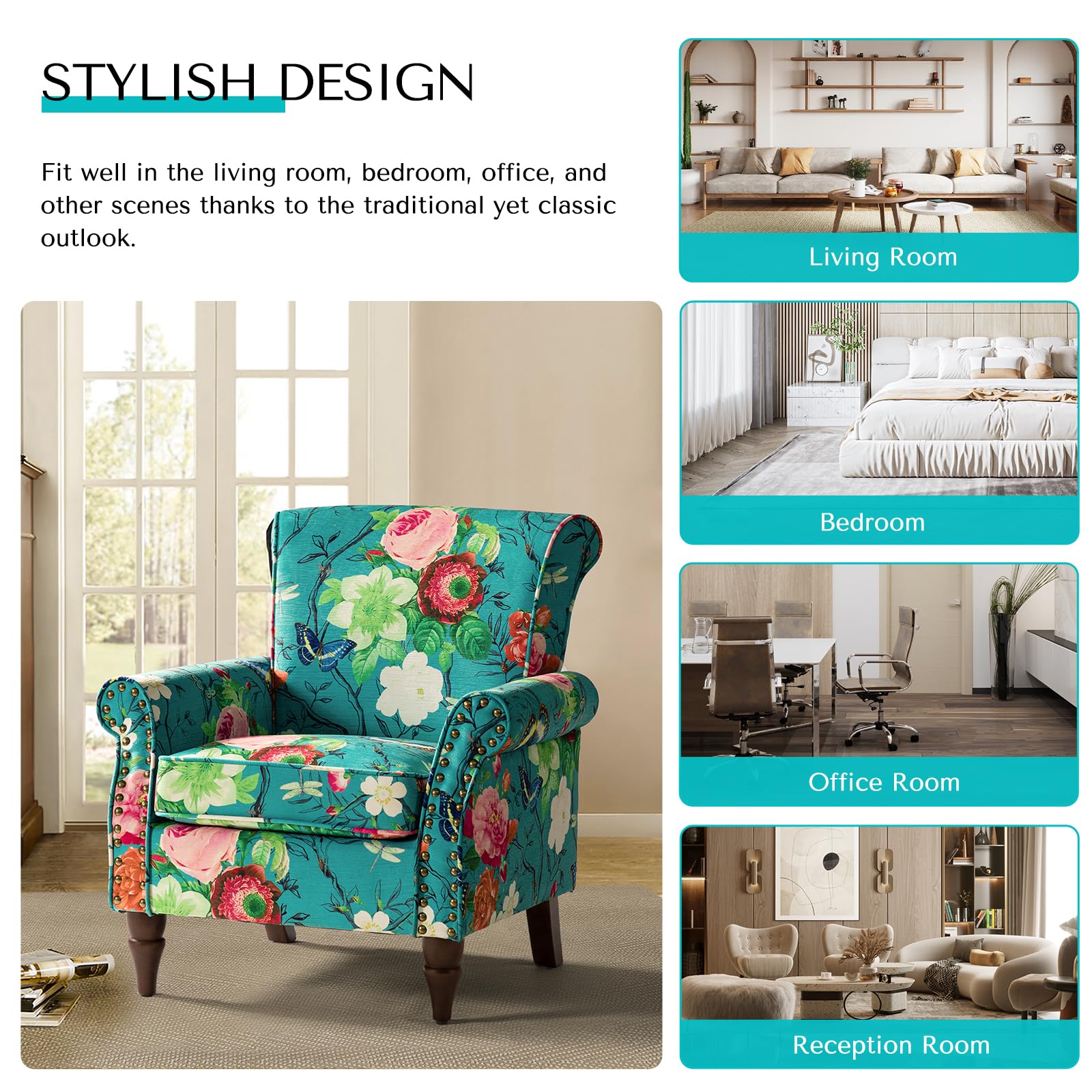 HULALA HOME Modern Wingback Accent Chairs Set of 2 with Wood Legs & Removable Cushion, Comfortable Upholstered Armchairs with Nailhead Trim, Floral Pattern Living Room Bedroom Sofa Chairs in Blue - Perfect for Lounge, Reading Nook, and Guest Seating